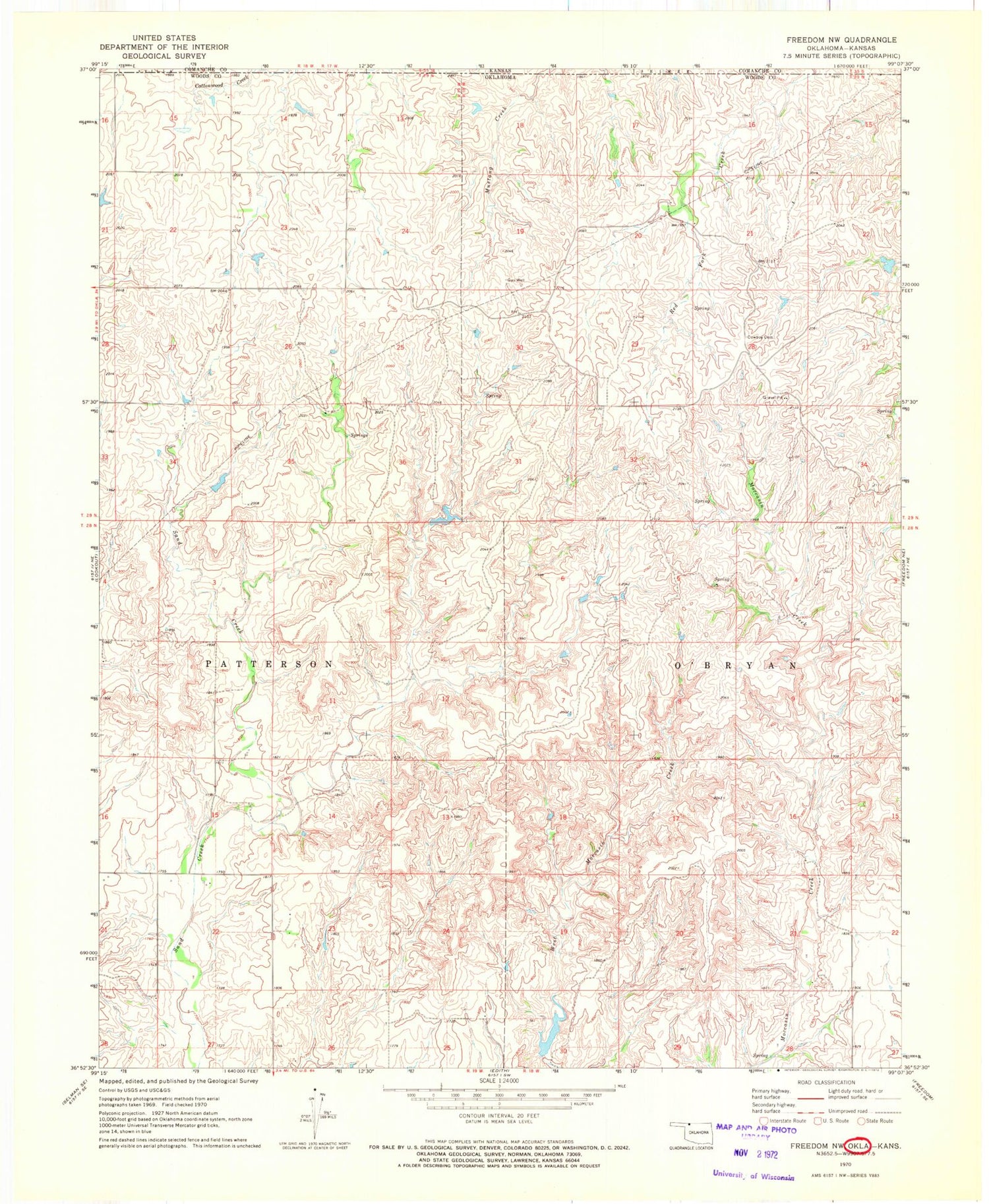 Classic USGS Freedom NW Oklahoma 7.5'x7.5' Topo Map Image