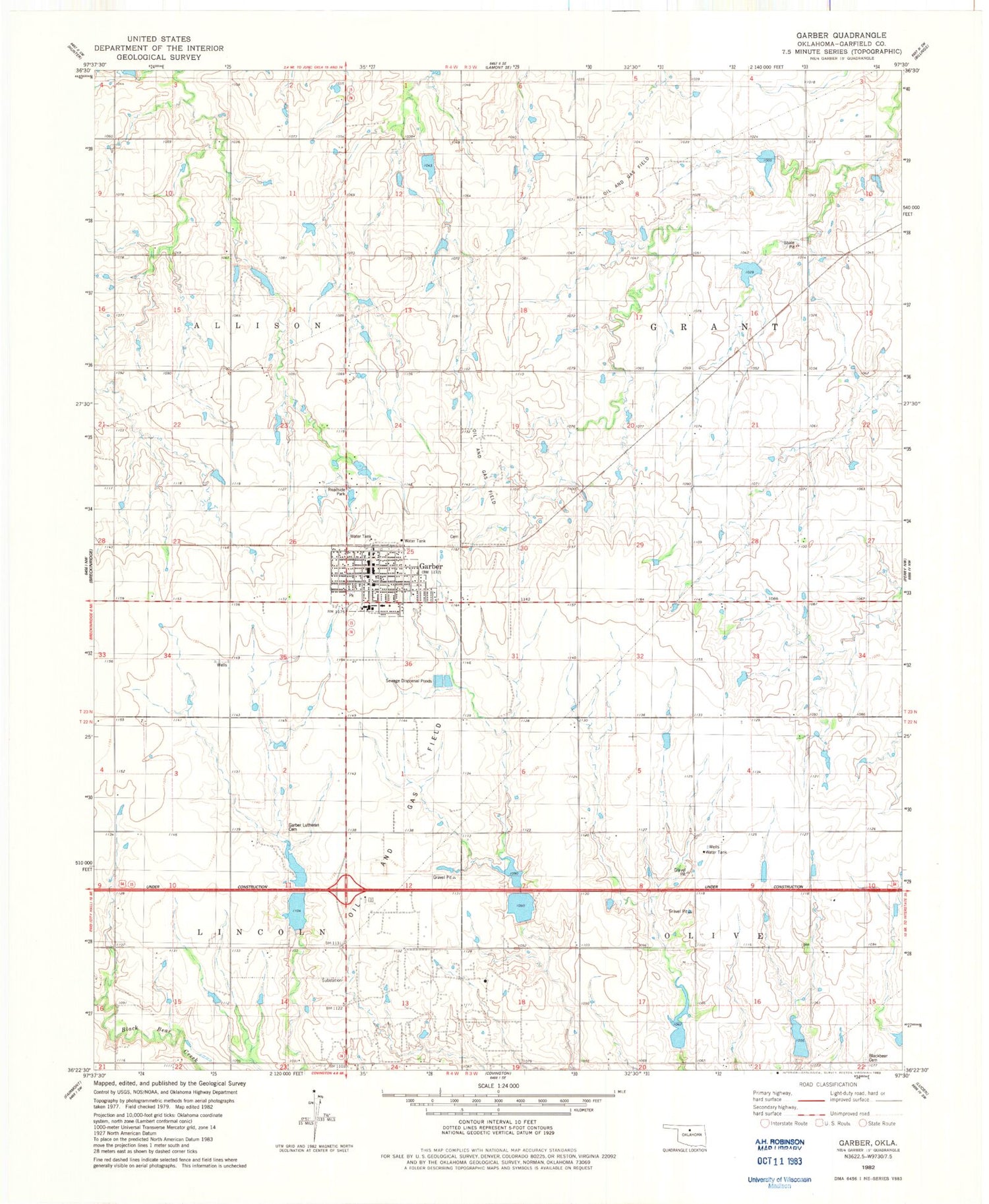 Classic USGS Garber Oklahoma 7.5'x7.5' Topo Map Image