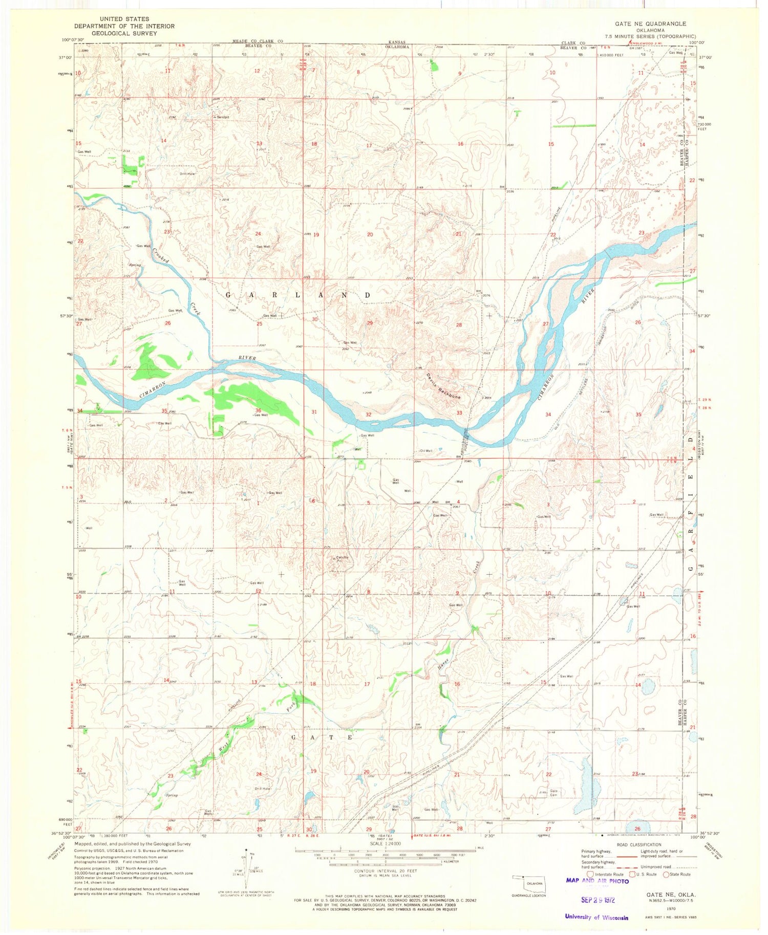 Classic USGS Gate NE Oklahoma 7.5'x7.5' Topo Map Image