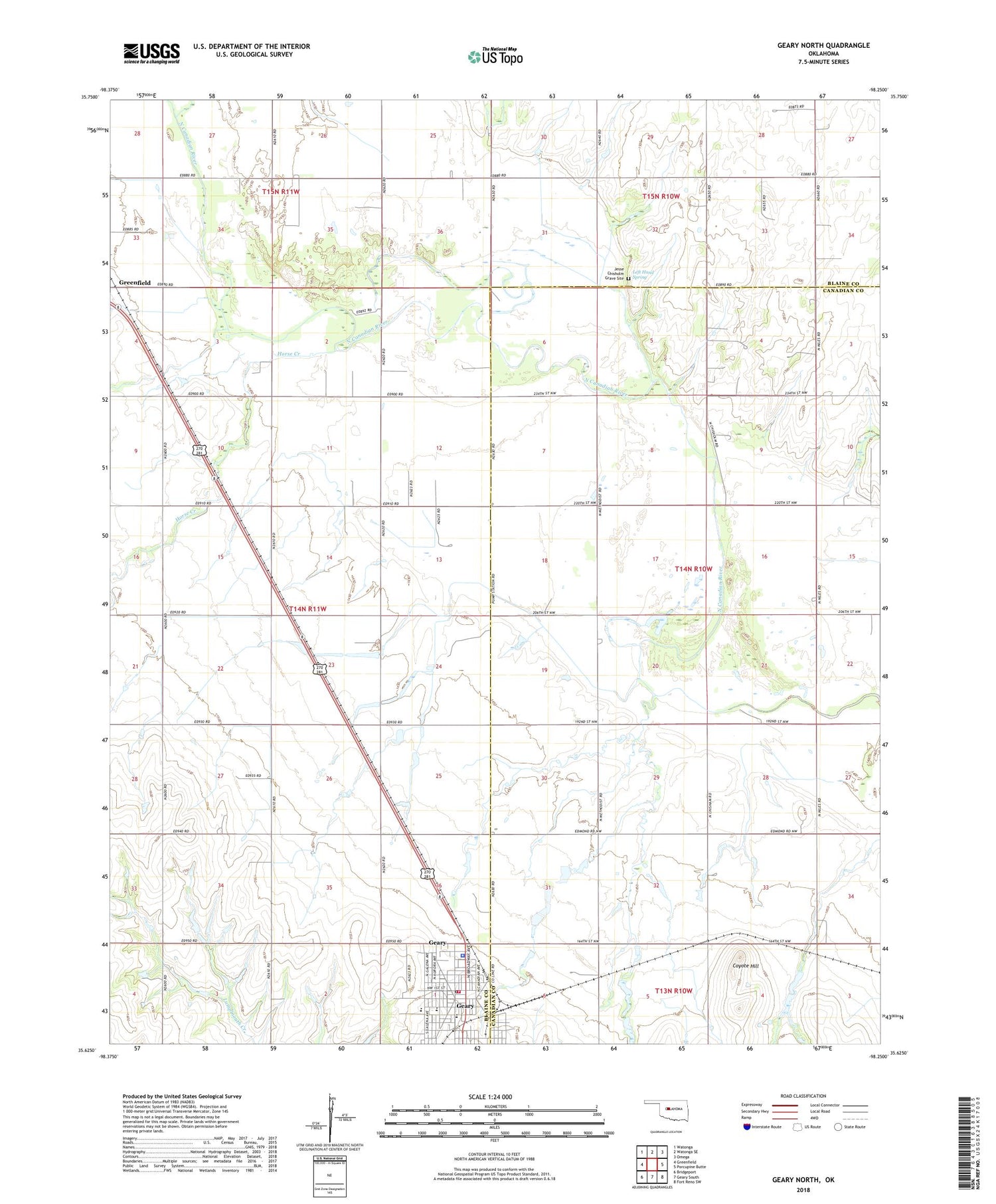 Geary North Oklahoma US Topo Map Image