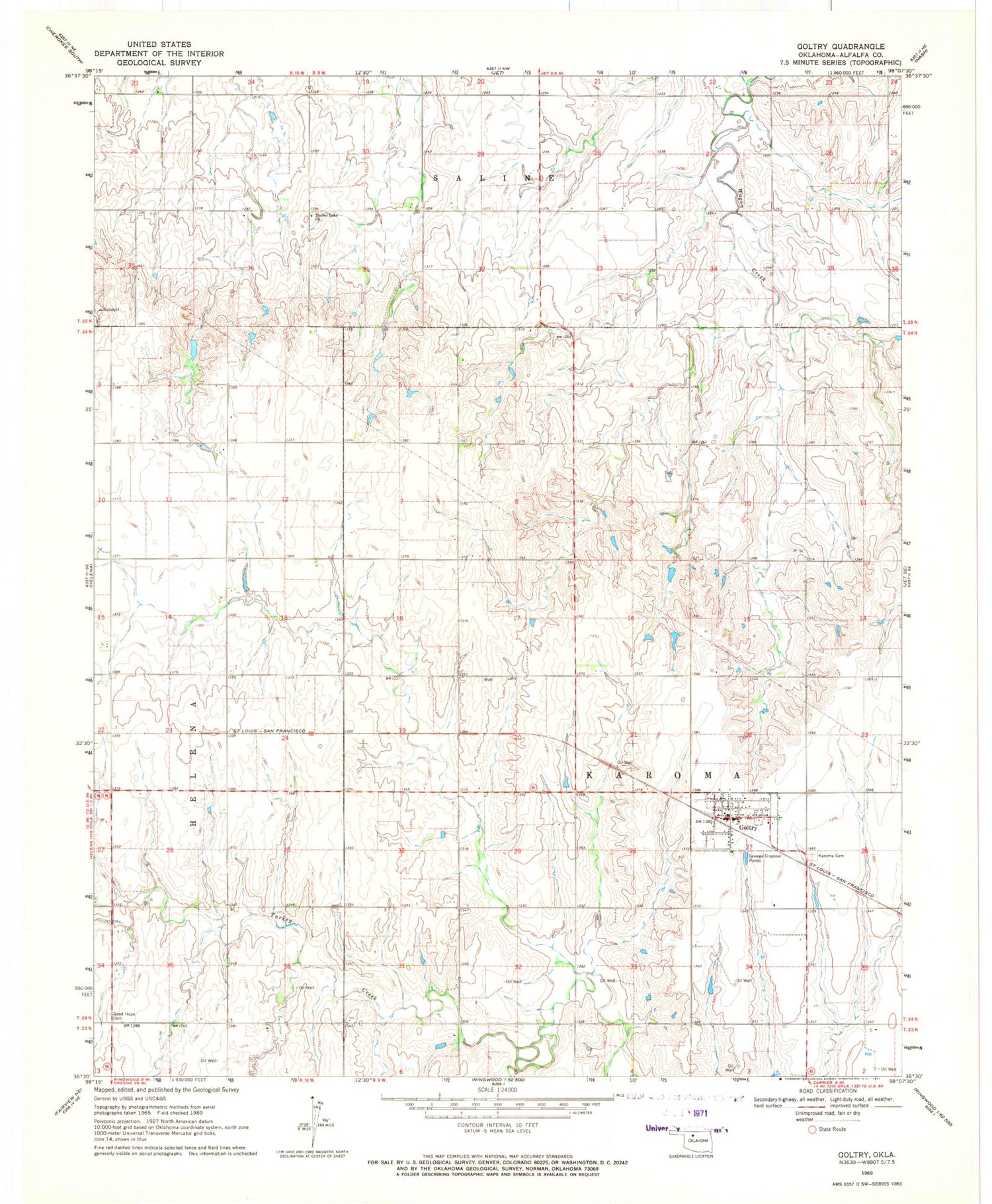 Classic USGS Goltry Oklahoma 7.5'x7.5' Topo Map Image