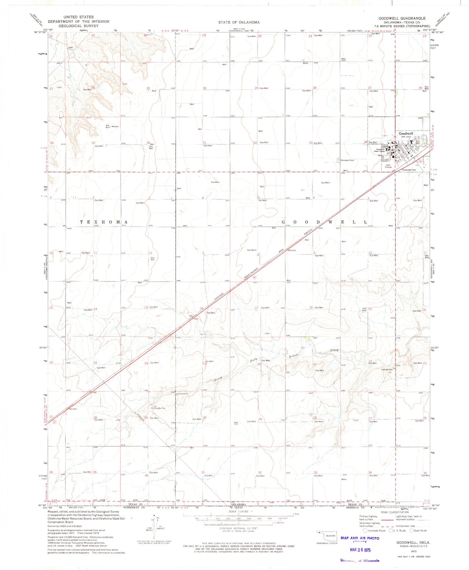 Classic USGS Goodwell Oklahoma 7.5'x7.5' Topo Map Image