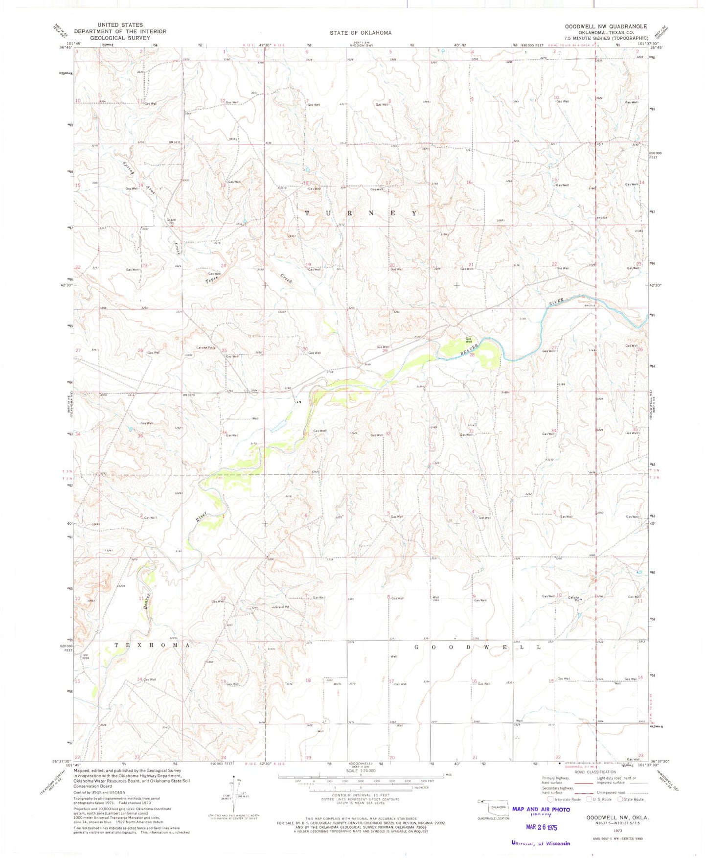 Classic USGS Goodwell NW Oklahoma 7.5'x7.5' Topo Map Image
