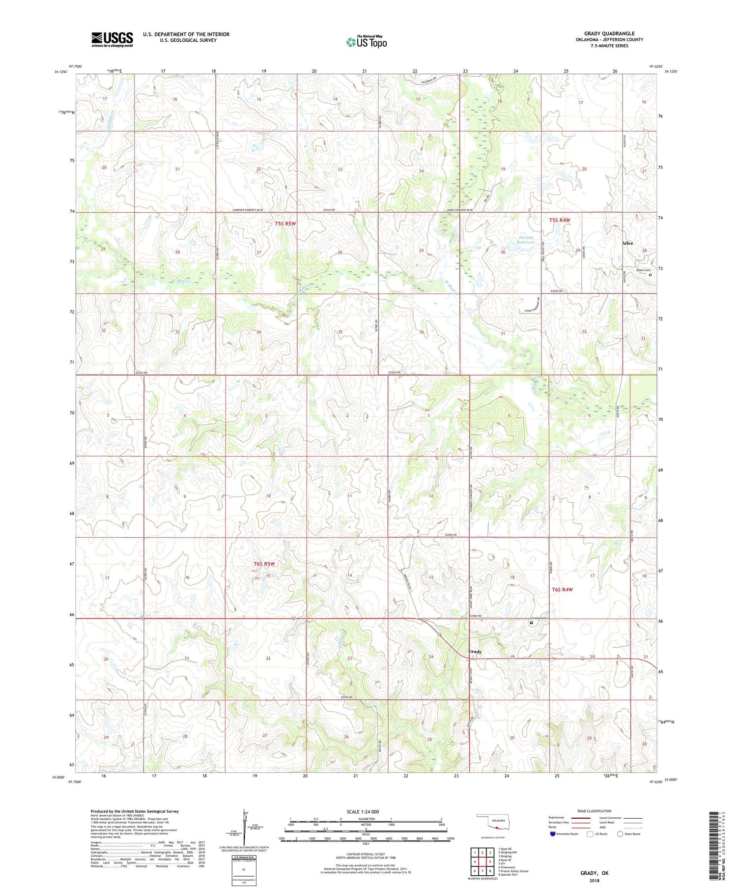 Grady Oklahoma US Topo Map Image
