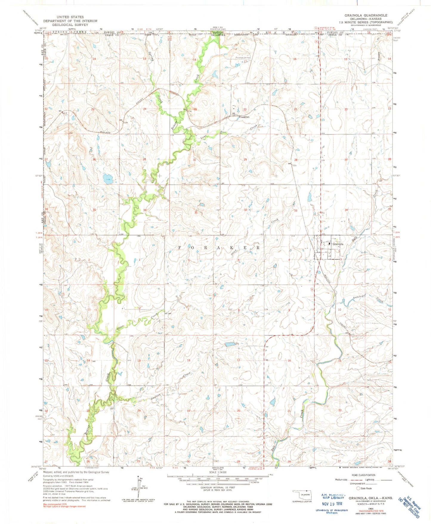 Classic USGS Grainola Oklahoma 7.5'x7.5' Topo Map Image