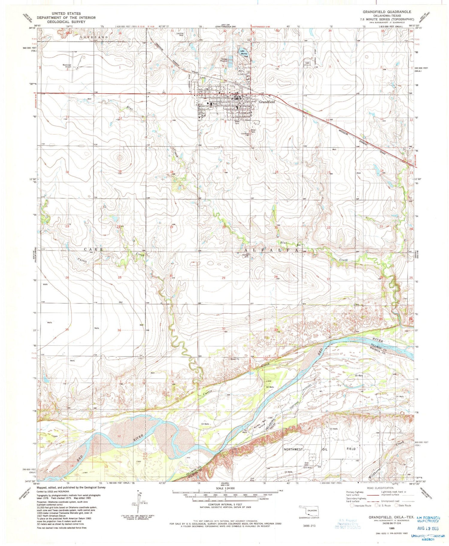 Classic USGS Grandfield Oklahoma 7.5'x7.5' Topo Map Image