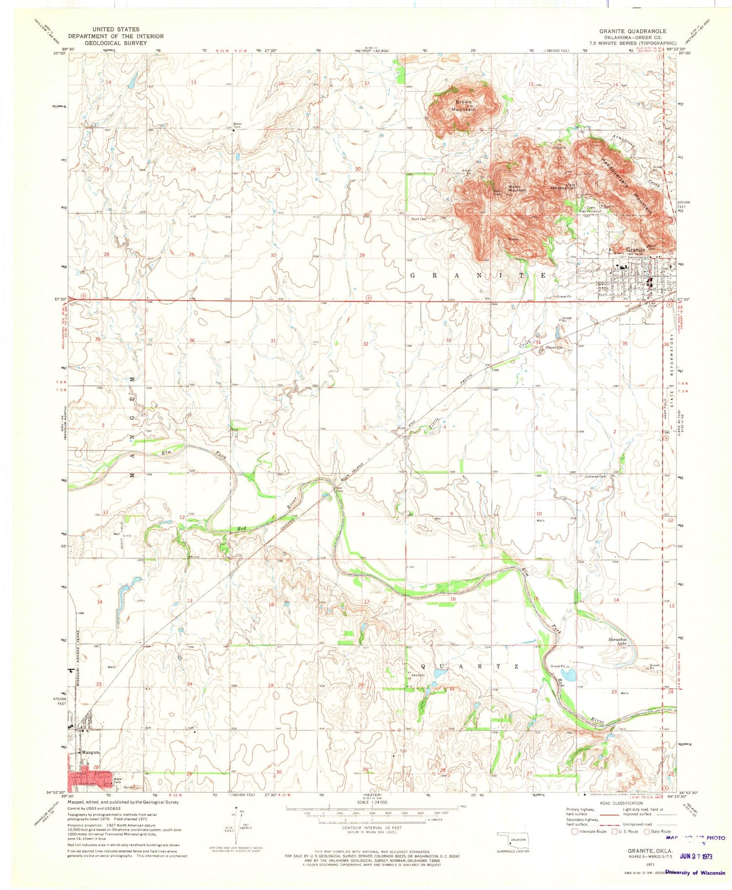 Classic USGS Granite Oklahoma 7.5'x7.5' Topo Map Image