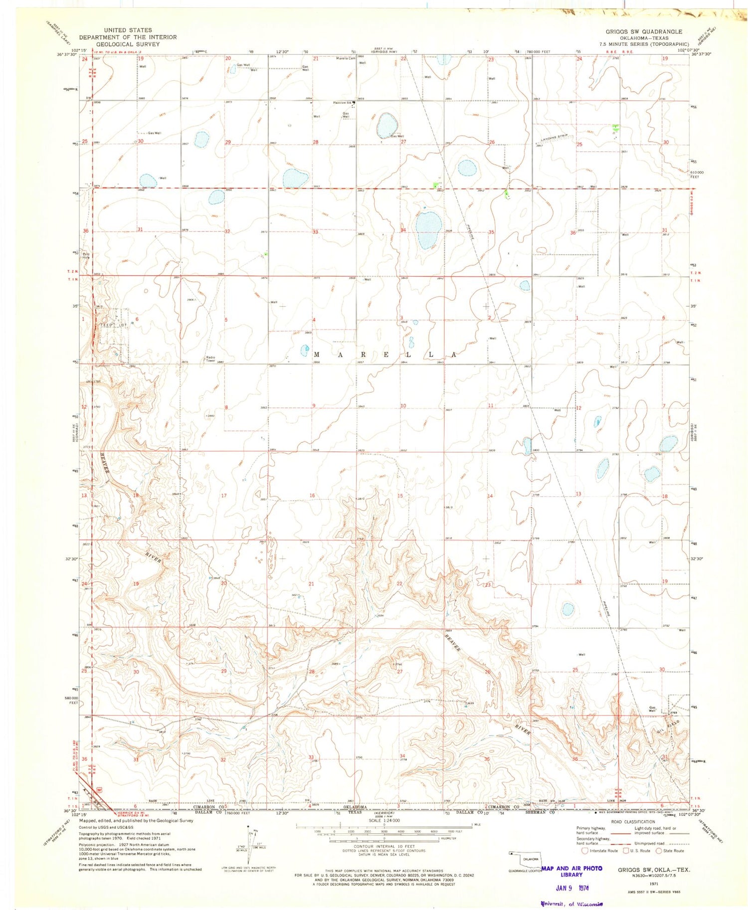 Classic USGS Griggs SW Oklahoma 7.5'x7.5' Topo Map Image