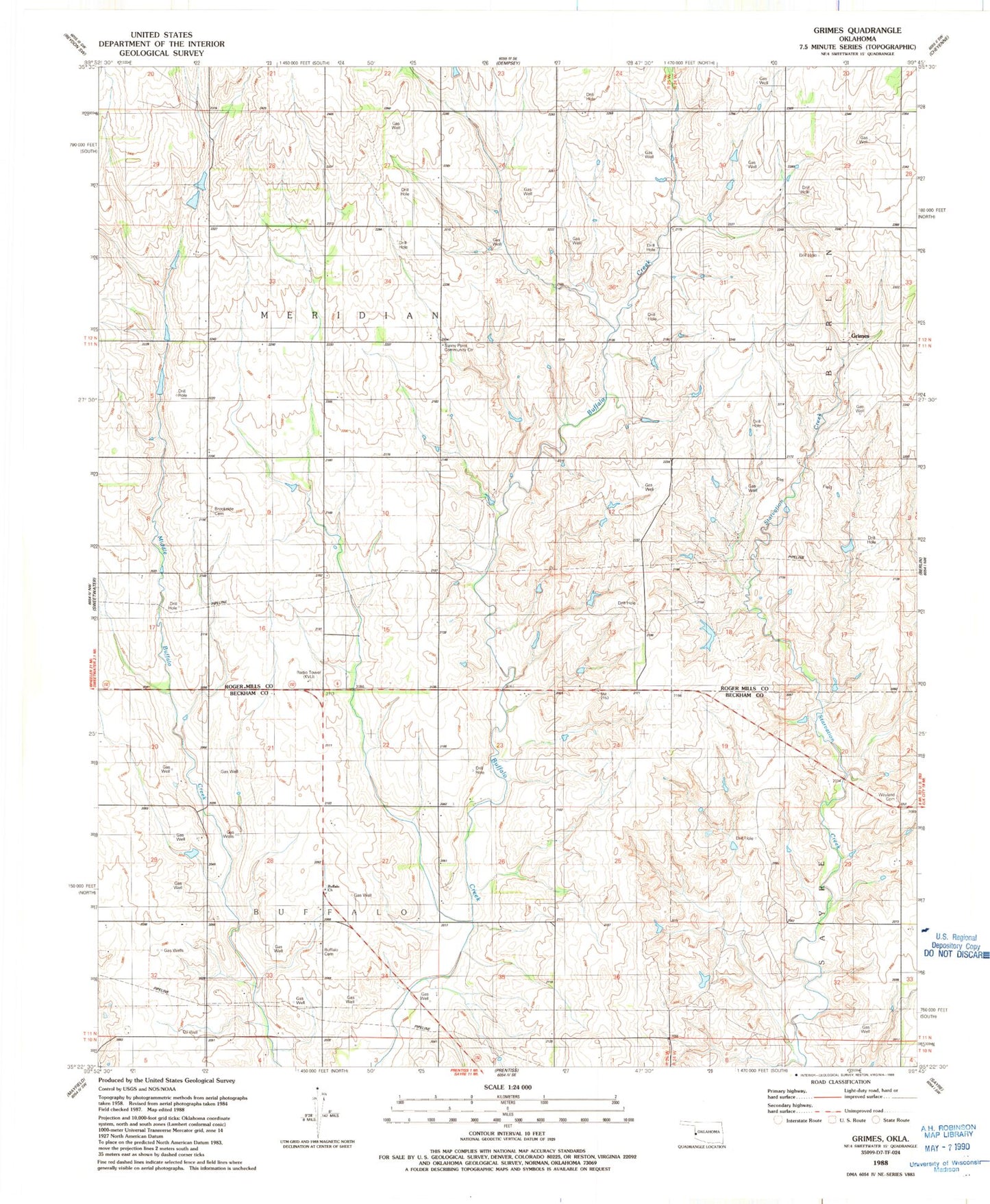 Classic USGS Grimes Oklahoma 7.5'x7.5' Topo Map Image