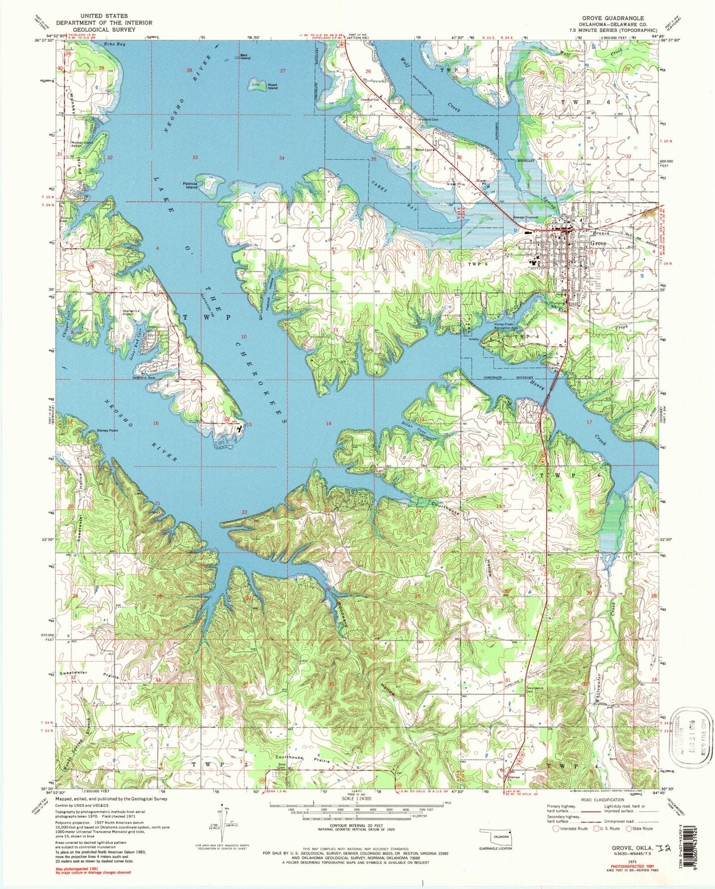 Classic USGS Grove Oklahoma 7.5'x7.5' Topo Map Image