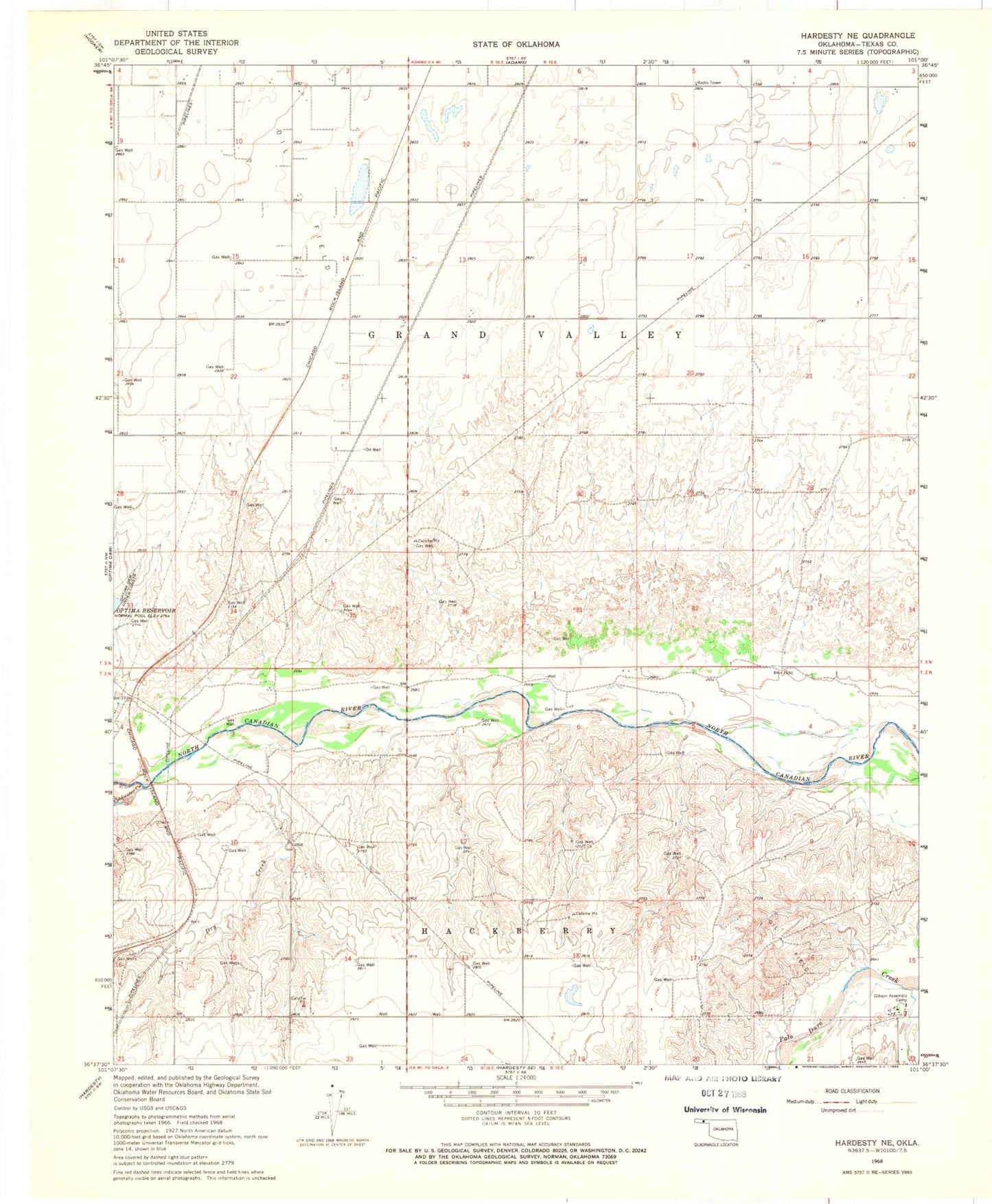 Classic USGS Hardesty NE Oklahoma 7.5'x7.5' Topo Map Image