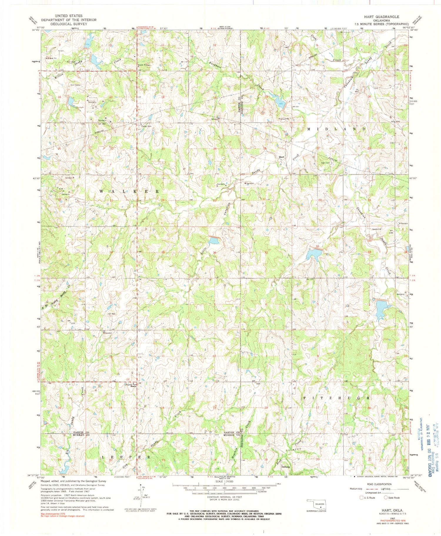 Classic USGS Hart Oklahoma 7.5'x7.5' Topo Map Image
