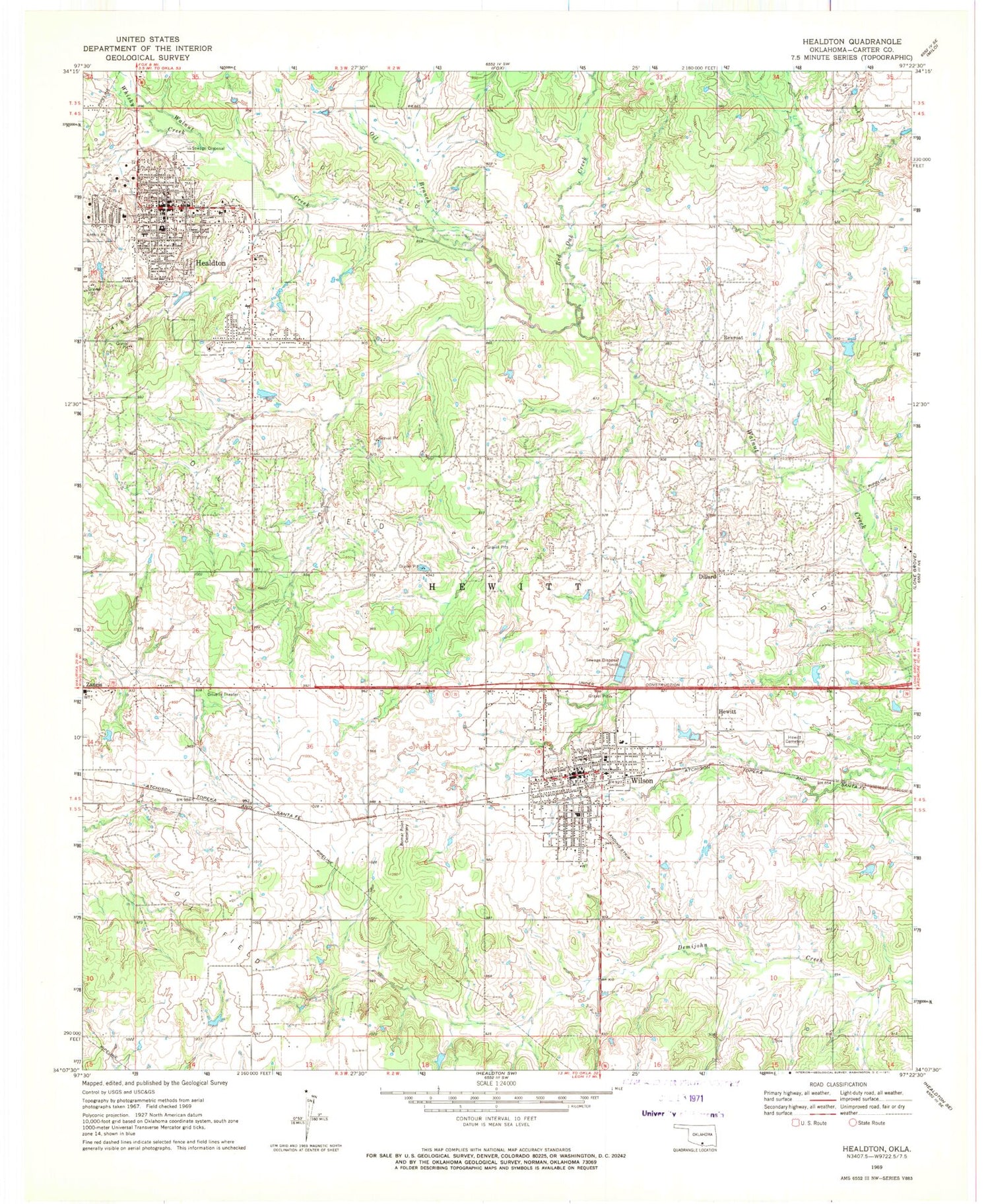 Classic USGS Healdton Oklahoma 7.5'x7.5' Topo Map Image