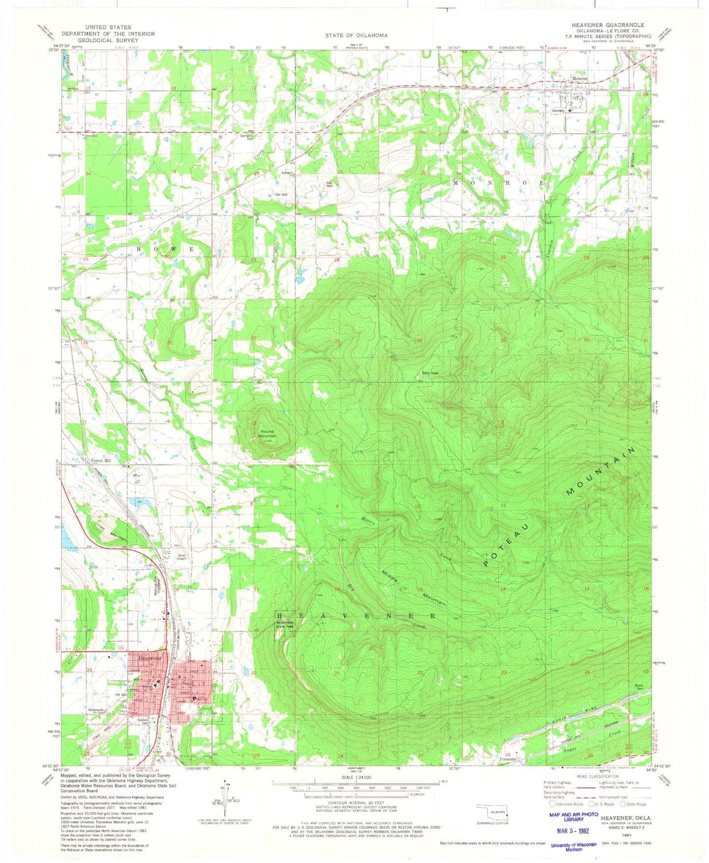 Classic USGS Heavener Oklahoma 7.5'x7.5' Topo Map Image