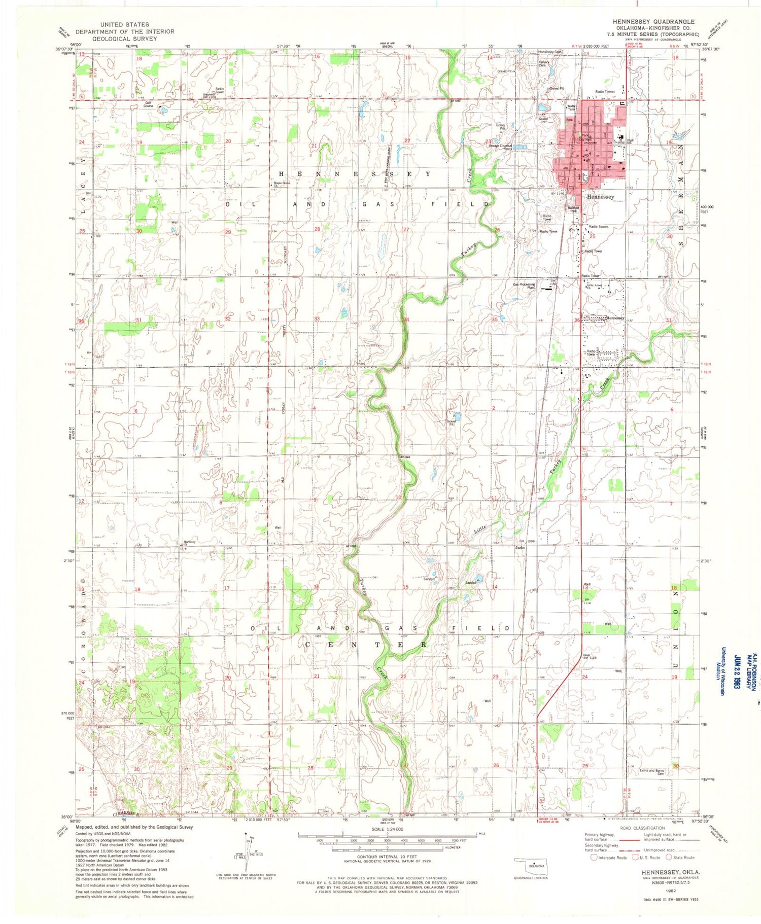 Classic USGS Hennessey Oklahoma 7.5'x7.5' Topo Map Image