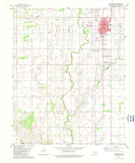 Classic USGS Hennessey Oklahoma 7.5'x7.5' Topo Map Image