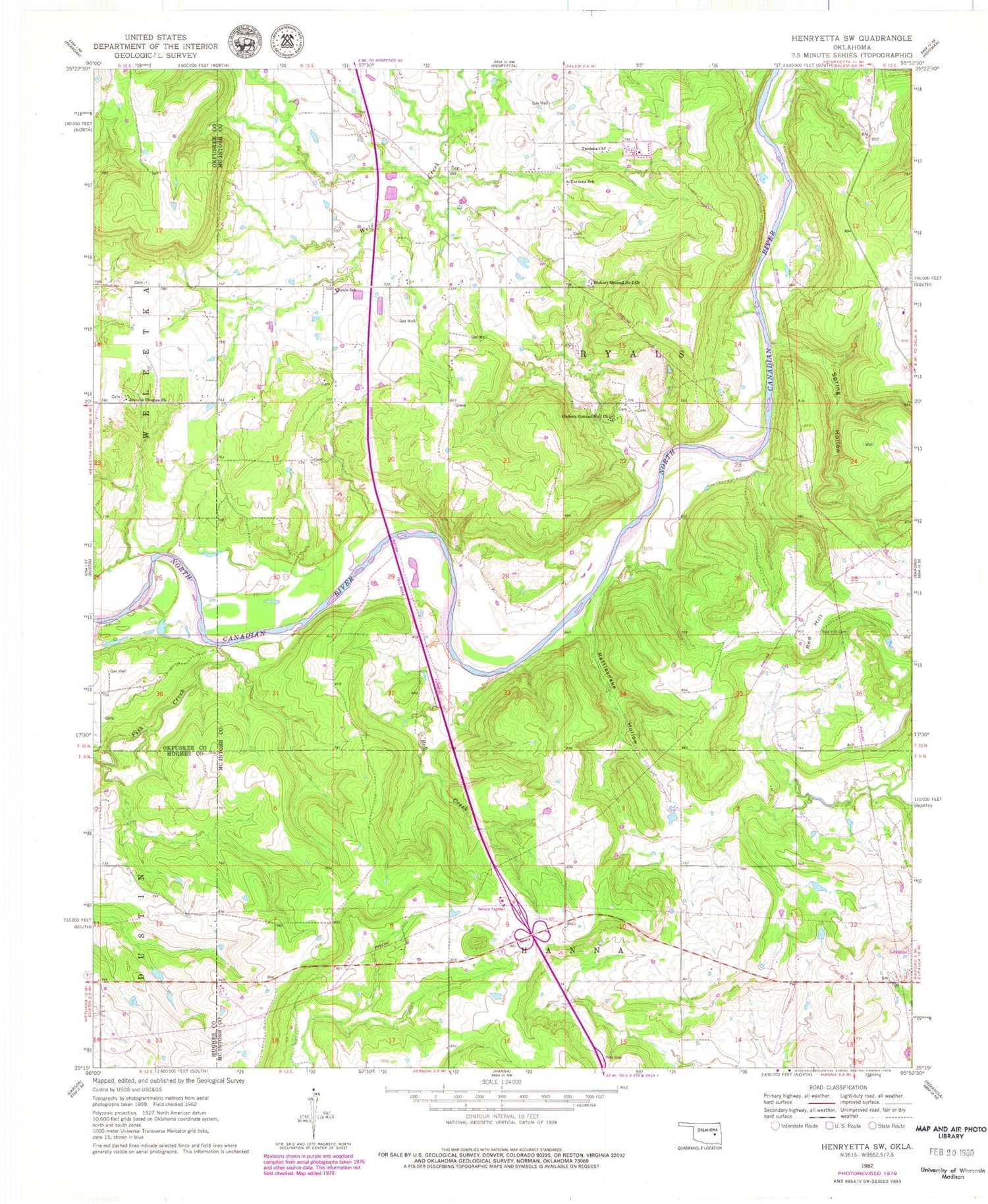 Classic USGS Henryetta SW Oklahoma 7.5'x7.5' Topo Map Image