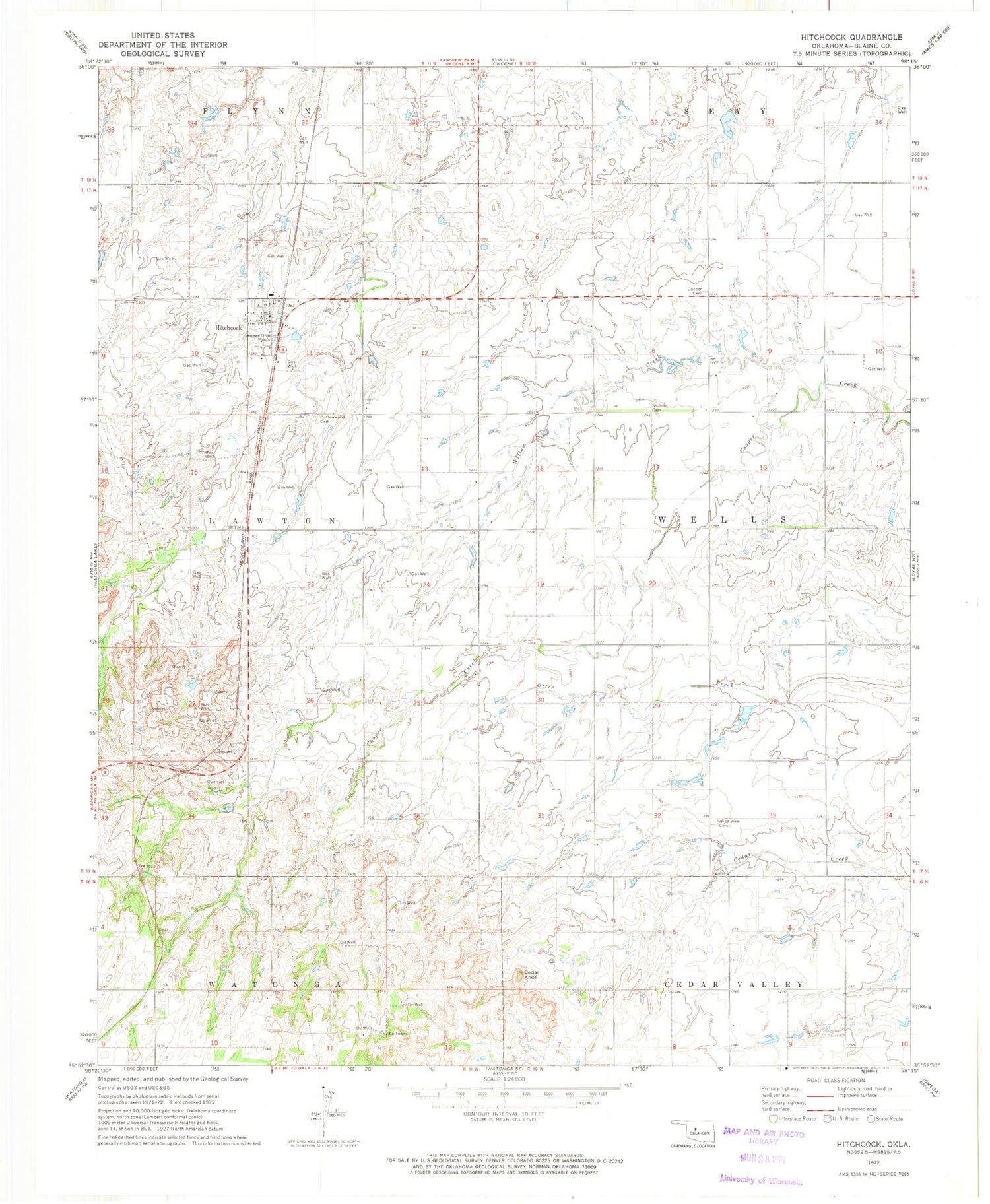 Classic USGS Hitchcock Oklahoma 7.5'x7.5' Topo Map Image