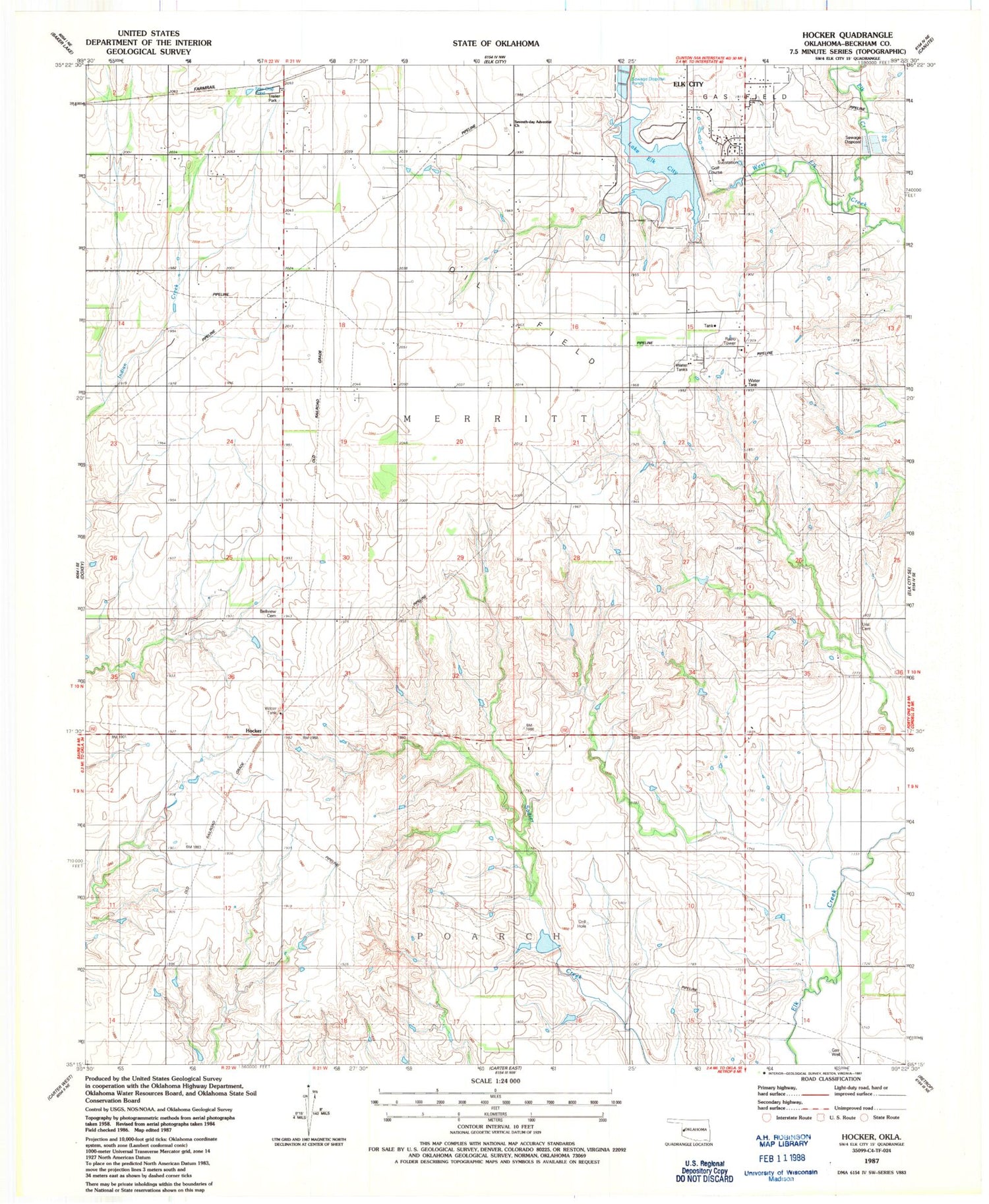 Classic USGS Hocker Oklahoma 7.5'x7.5' Topo Map Image