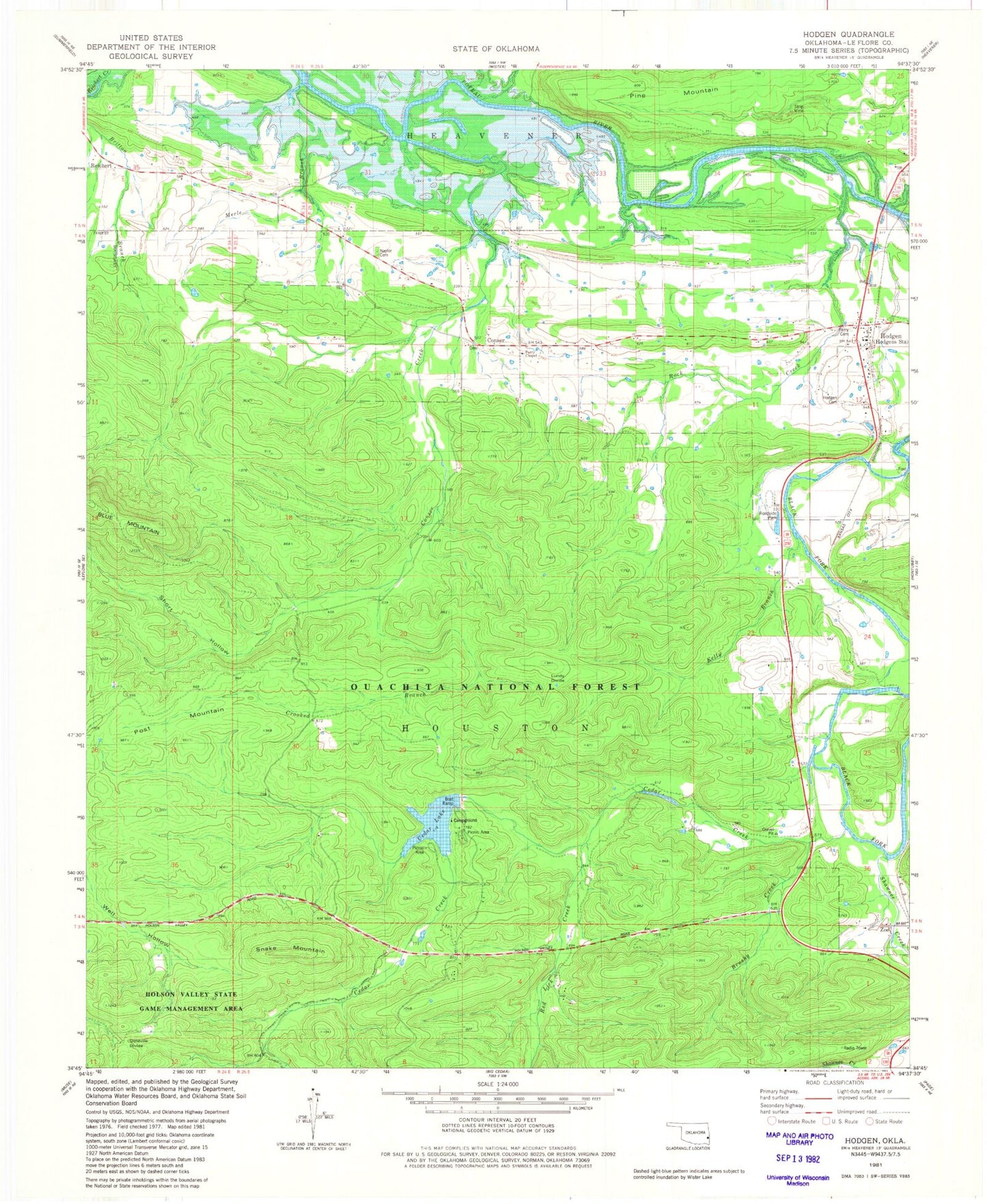 Classic USGS Hodgen Oklahoma 7.5'x7.5' Topo Map Image