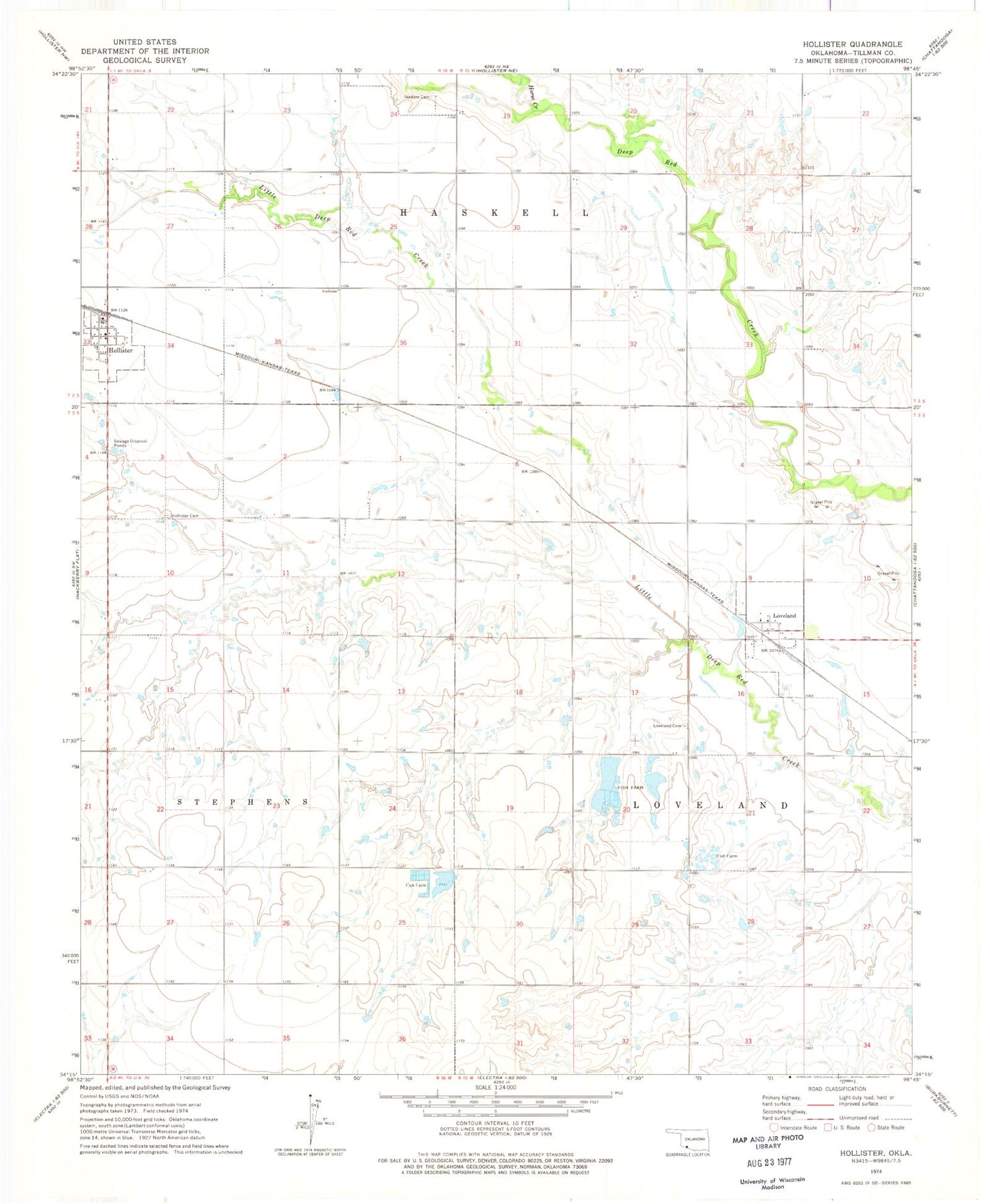 Classic USGS Hollister Oklahoma 7.5'x7.5' Topo Map Image