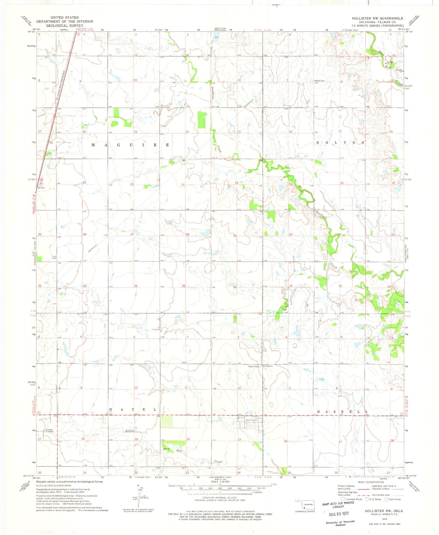 Classic USGS Hollister NW Oklahoma 7.5'x7.5' Topo Map Image