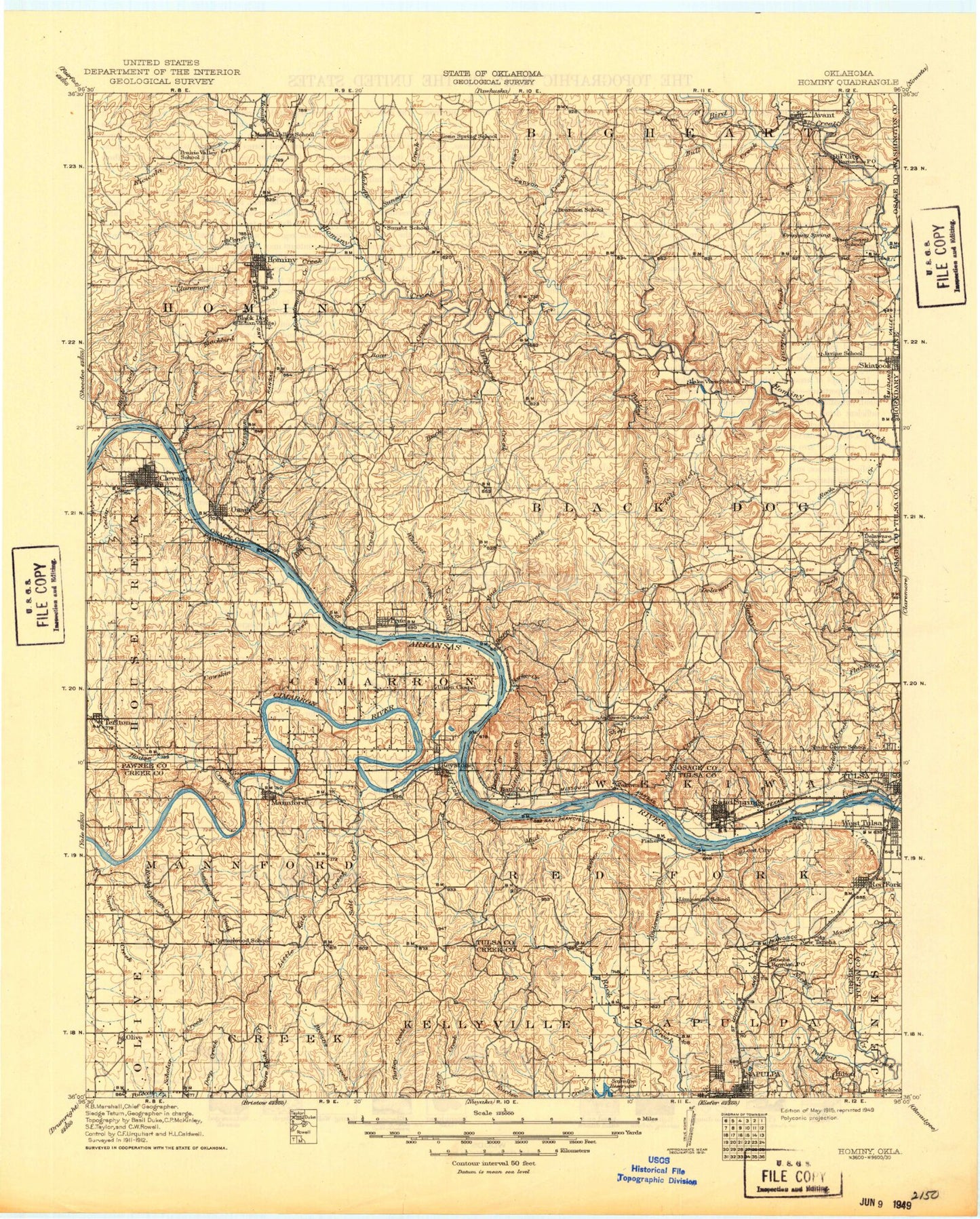 Historic 1915 Hominy Oklahoma 30'x30' Topo Map Image