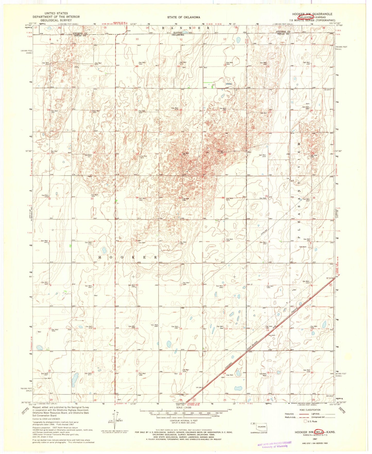 Classic USGS Hooker NW Oklahoma 7.5'x7.5' Topo Map Image