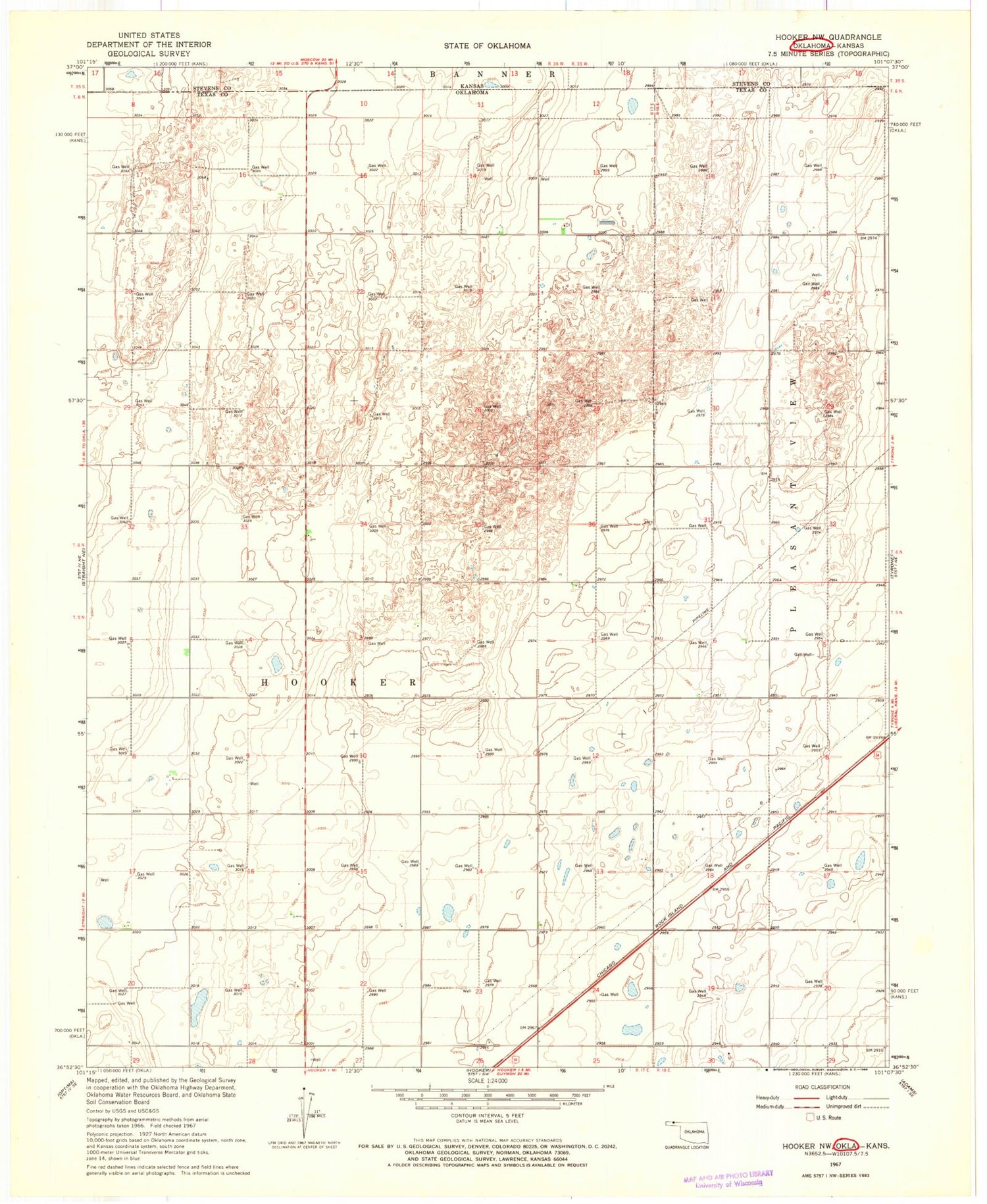 Classic USGS Hooker NW Oklahoma 7.5'x7.5' Topo Map Image