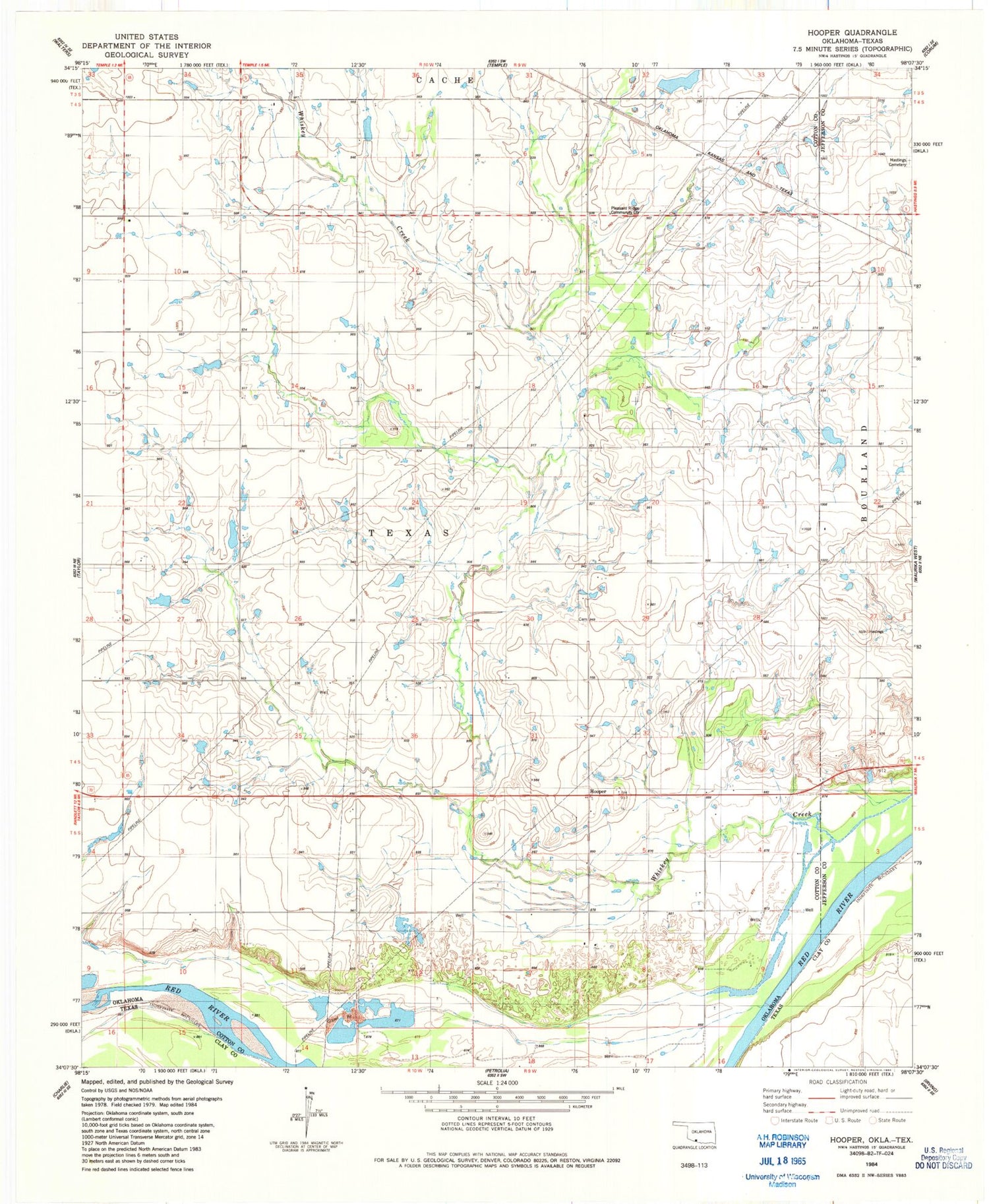 Classic USGS Hooper Oklahoma 7.5'x7.5' Topo Map Image