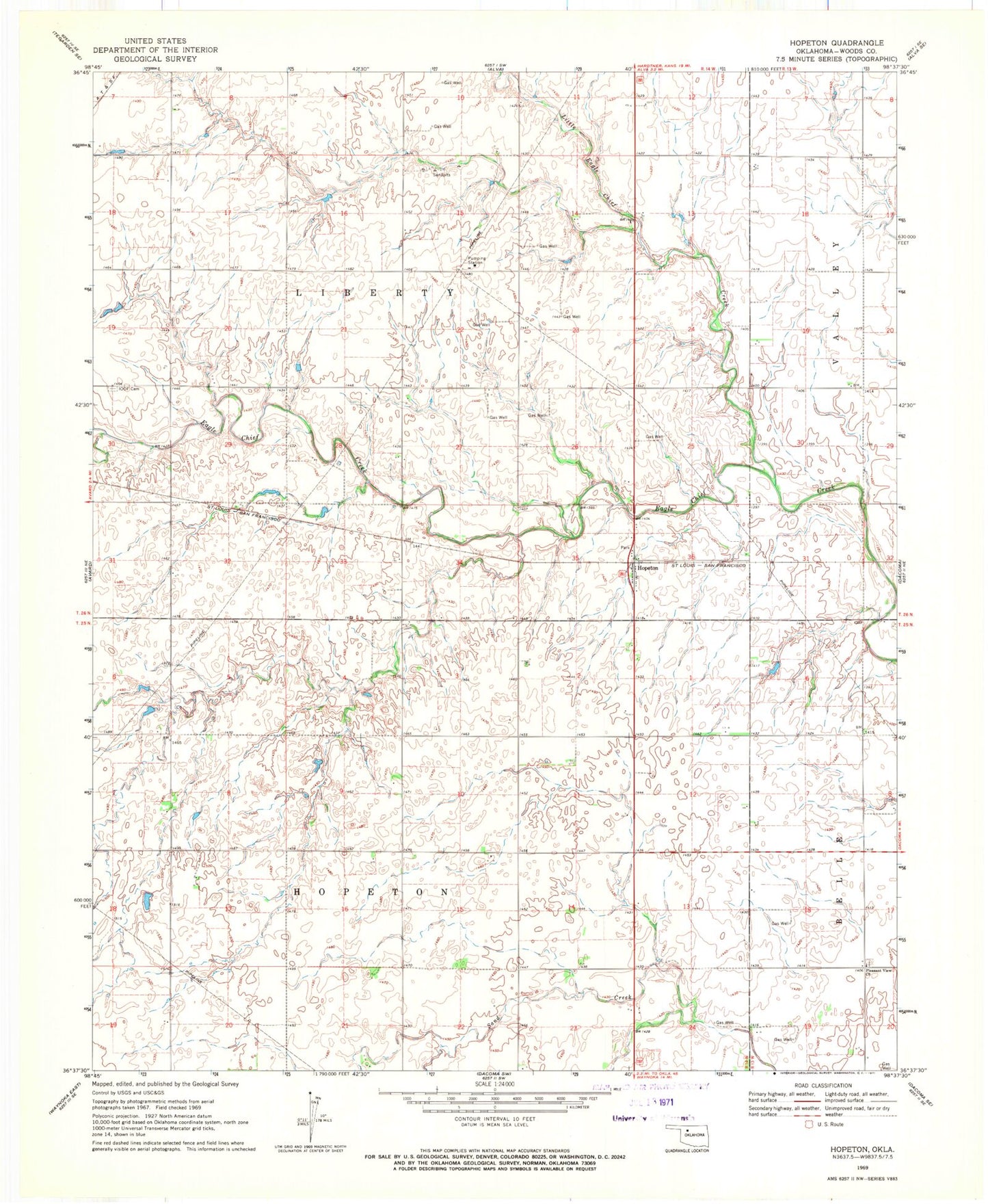 Classic USGS Hopeton Oklahoma 7.5'x7.5' Topo Map Image