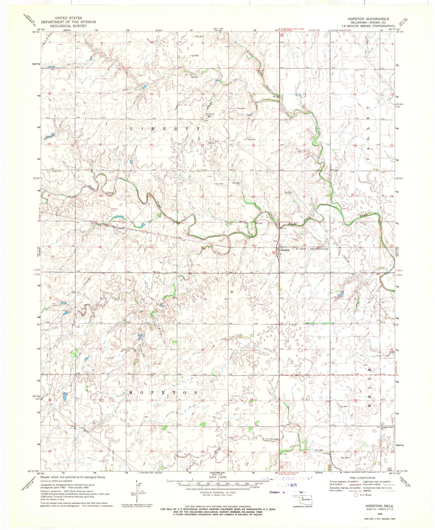 Classic USGS Hopeton Oklahoma 7.5'x7.5' Topo Map Image