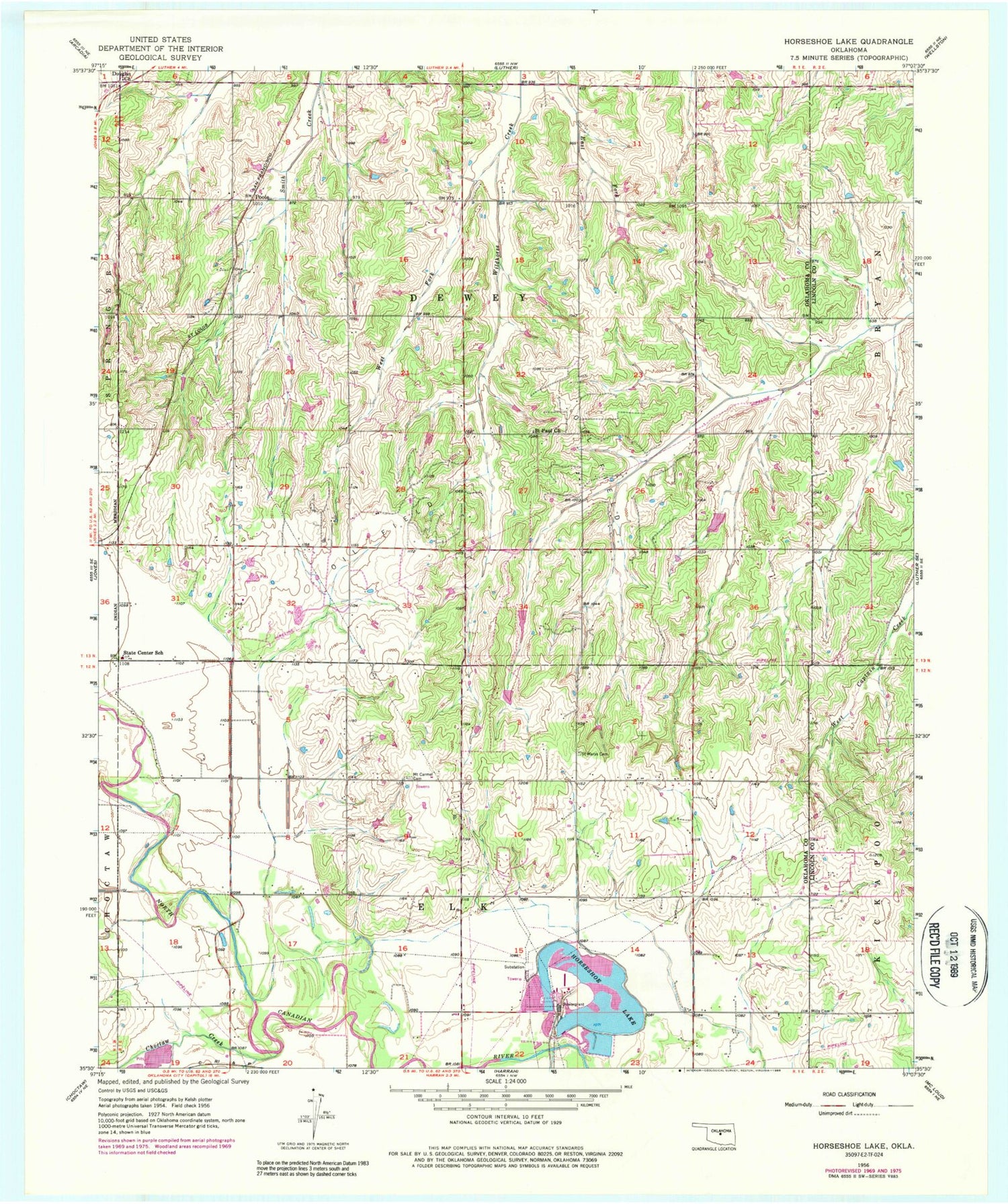 Classic USGS Horseshoe Lake Oklahoma 7.5'x7.5' Topo Map Image