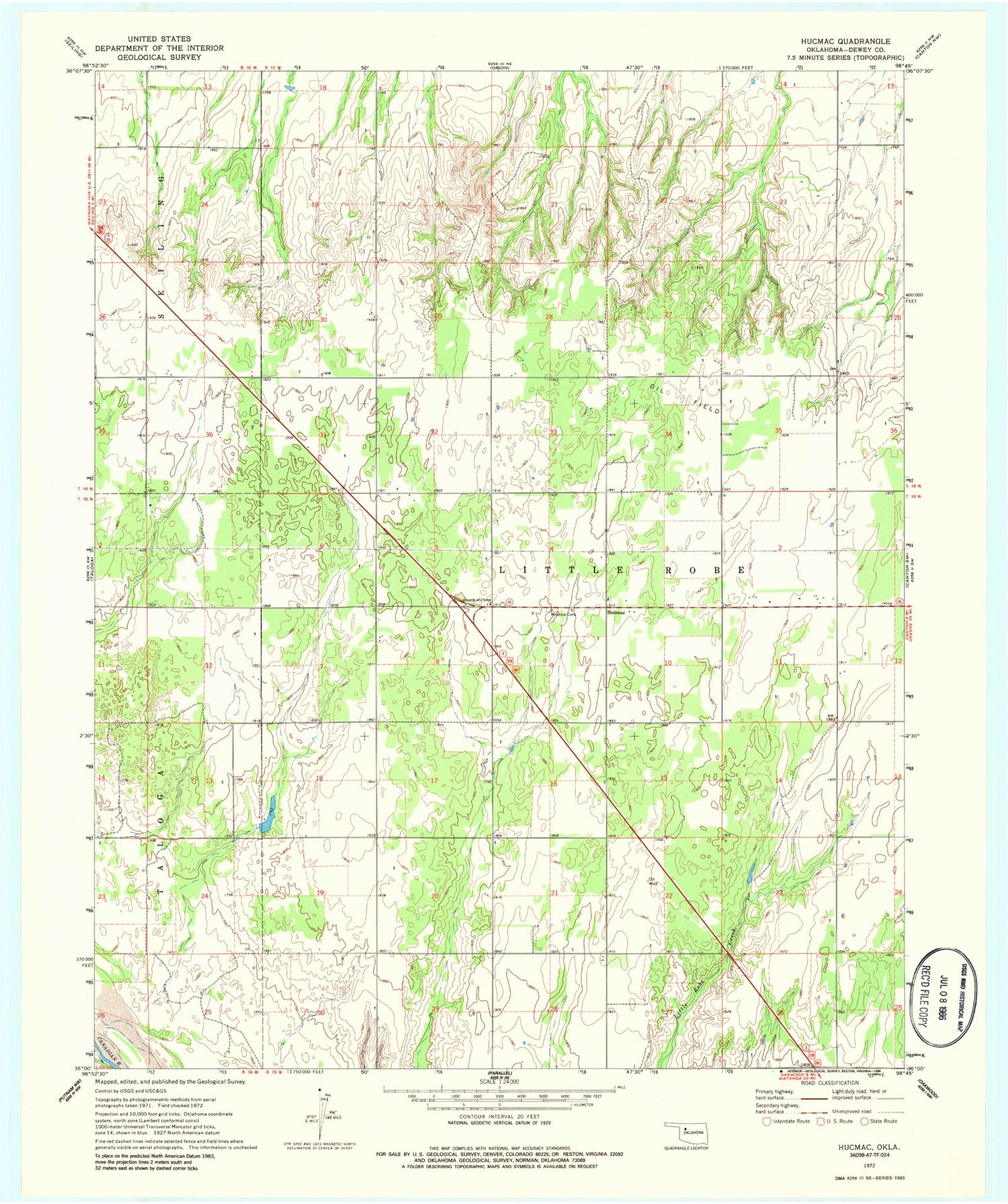Classic USGS Hucmac Oklahoma 7.5'x7.5' Topo Map Image