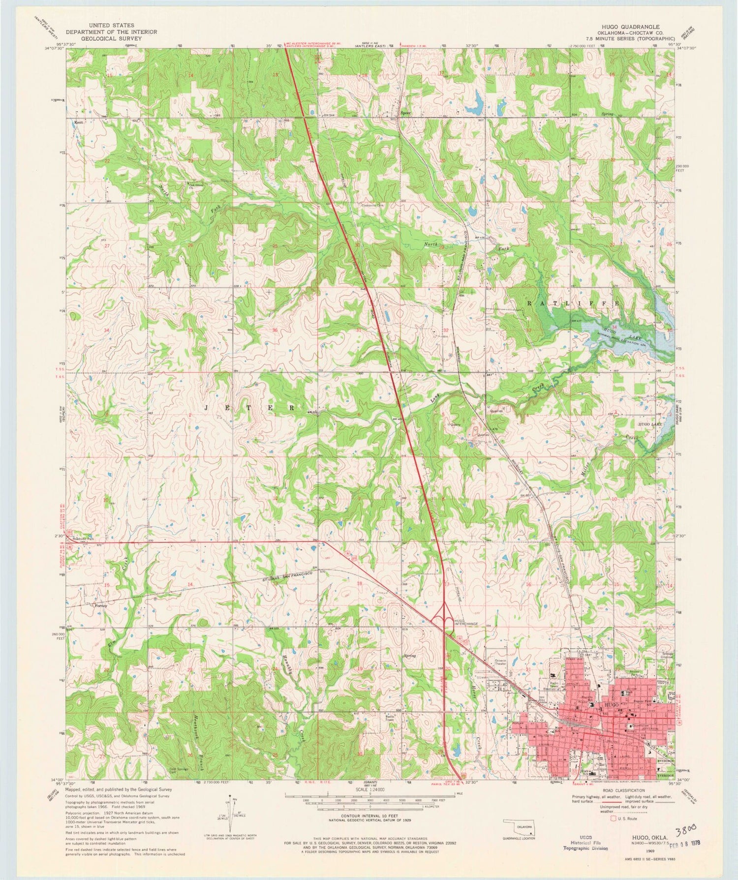 Classic USGS Hugo Oklahoma 7.5'x7.5' Topo Map Image