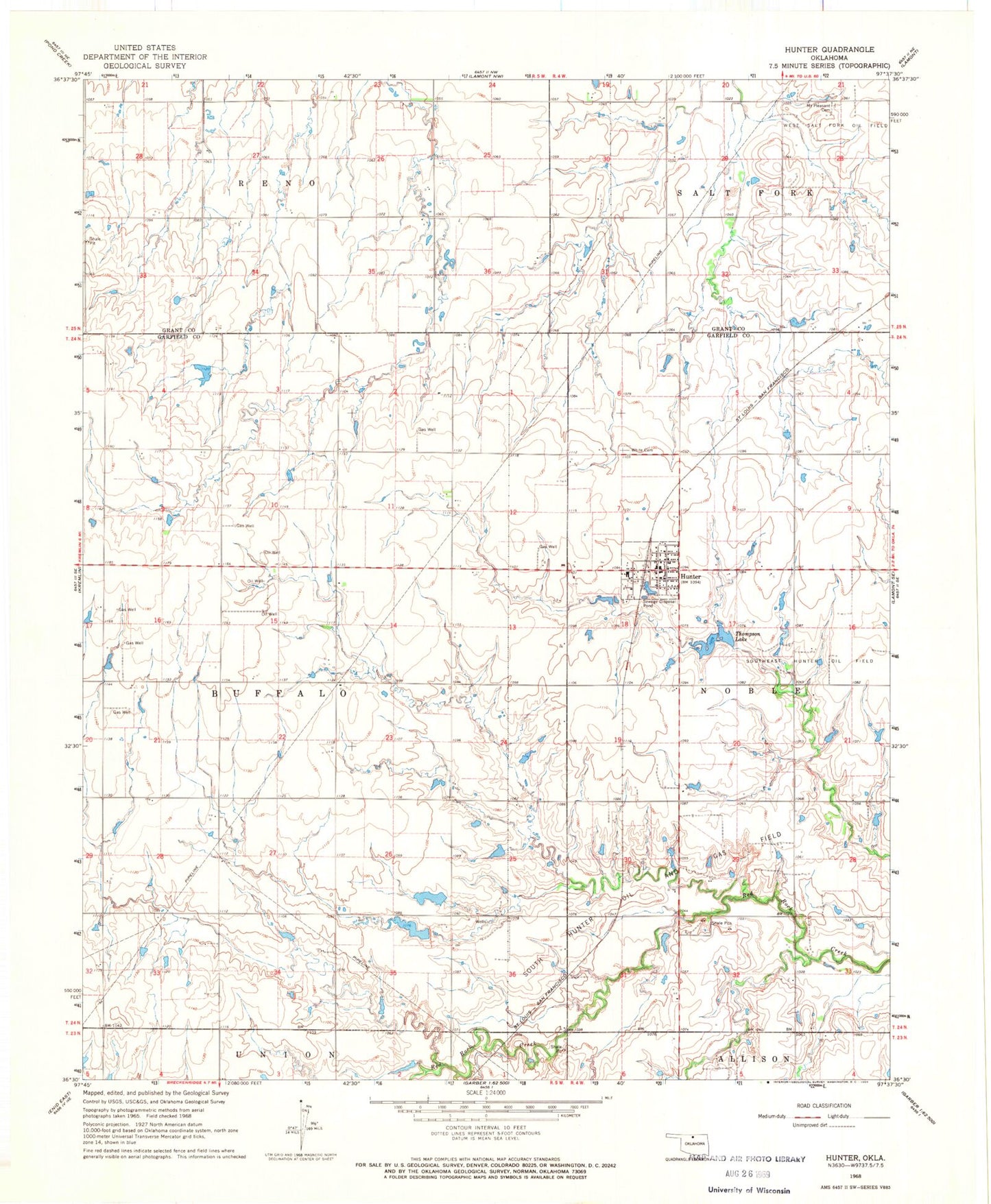 Classic USGS Hunter Oklahoma 7.5'x7.5' Topo Map Image