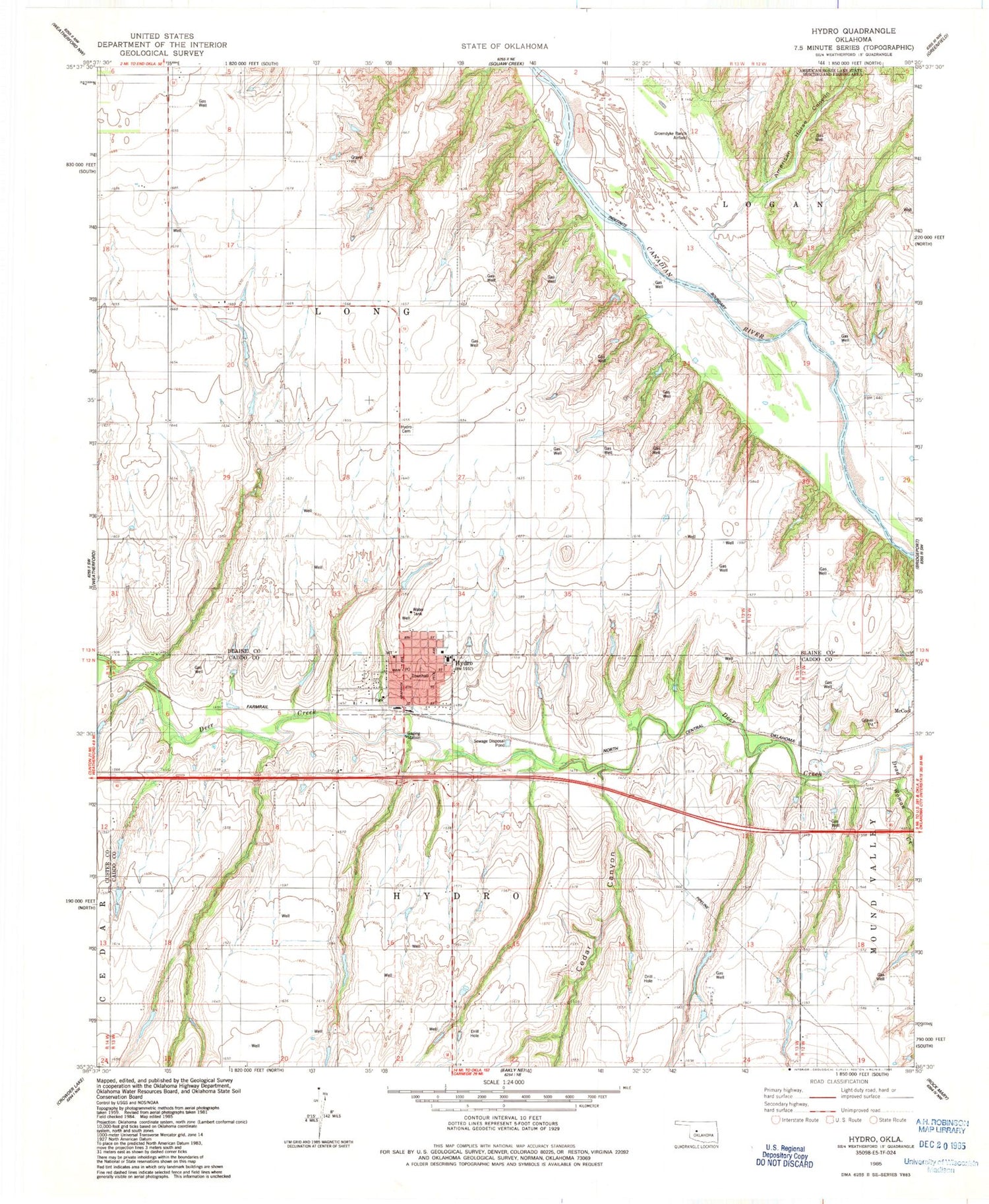 Classic USGS Hydro Oklahoma 7.5'x7.5' Topo Map Image