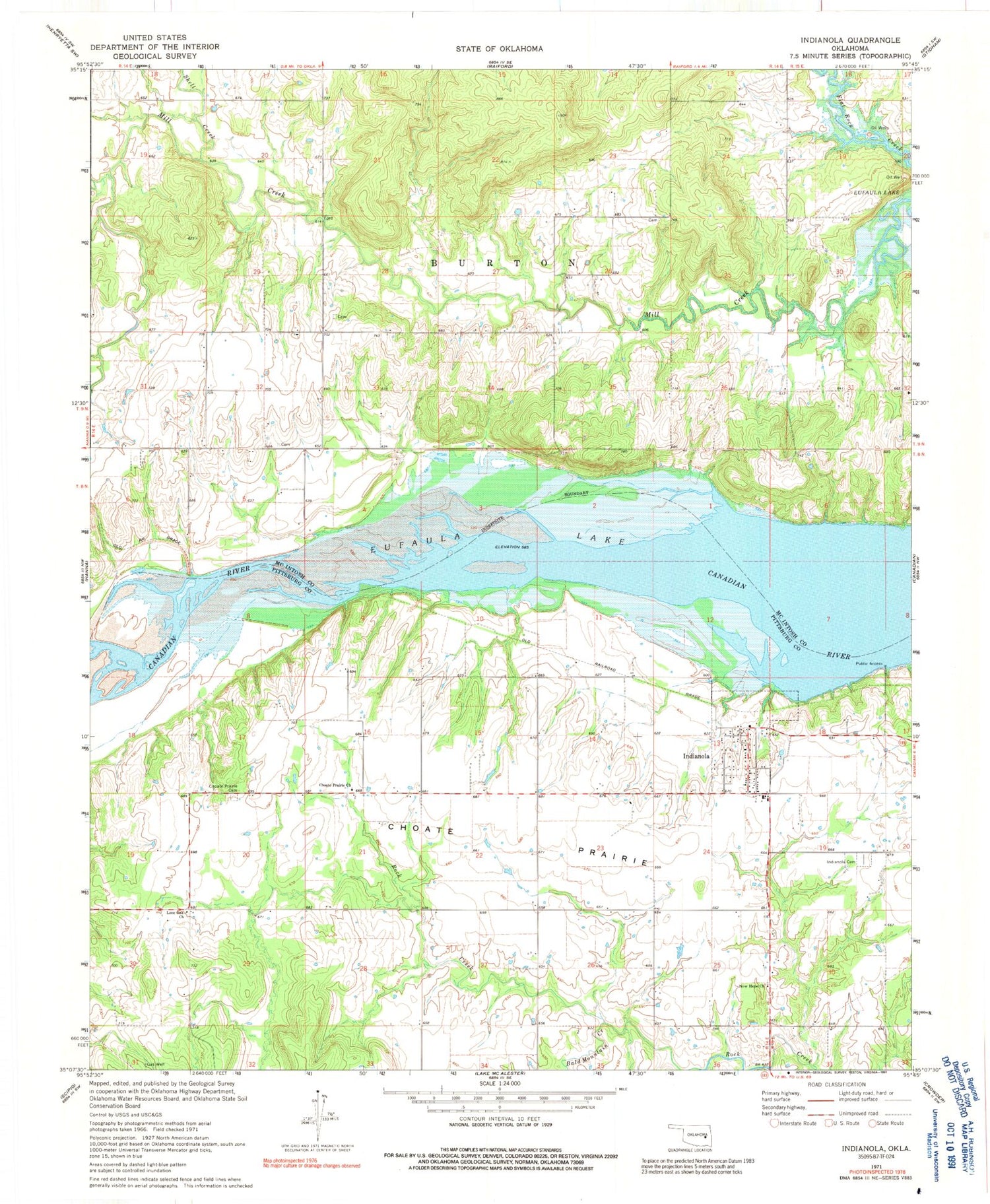 Classic USGS Indianola Oklahoma 7.5'x7.5' Topo Map Image