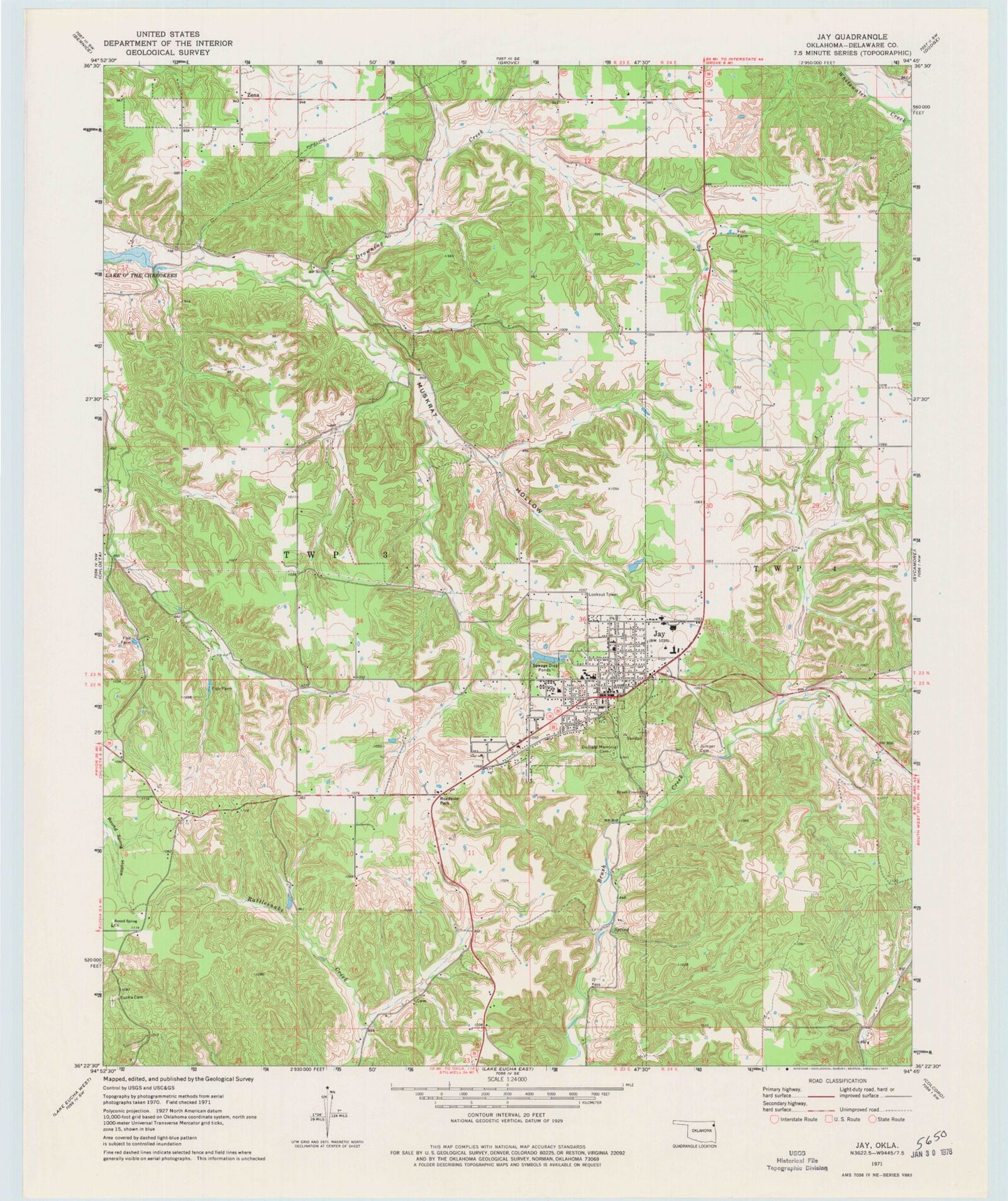 Classic USGS Jay Oklahoma 7.5'x7.5' Topo Map Image