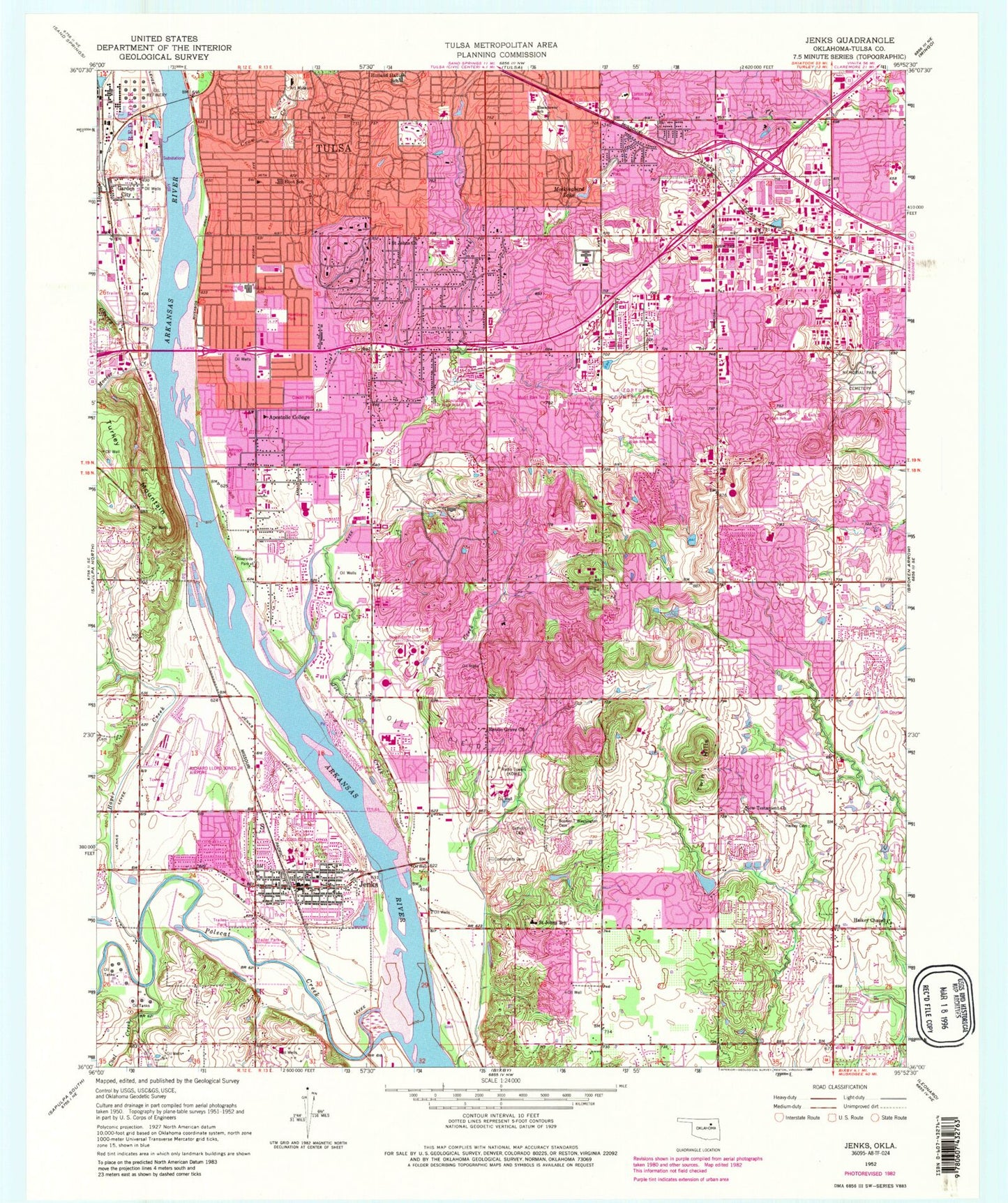 Classic USGS Jenks Oklahoma 7.5'x7.5' Topo Map Image