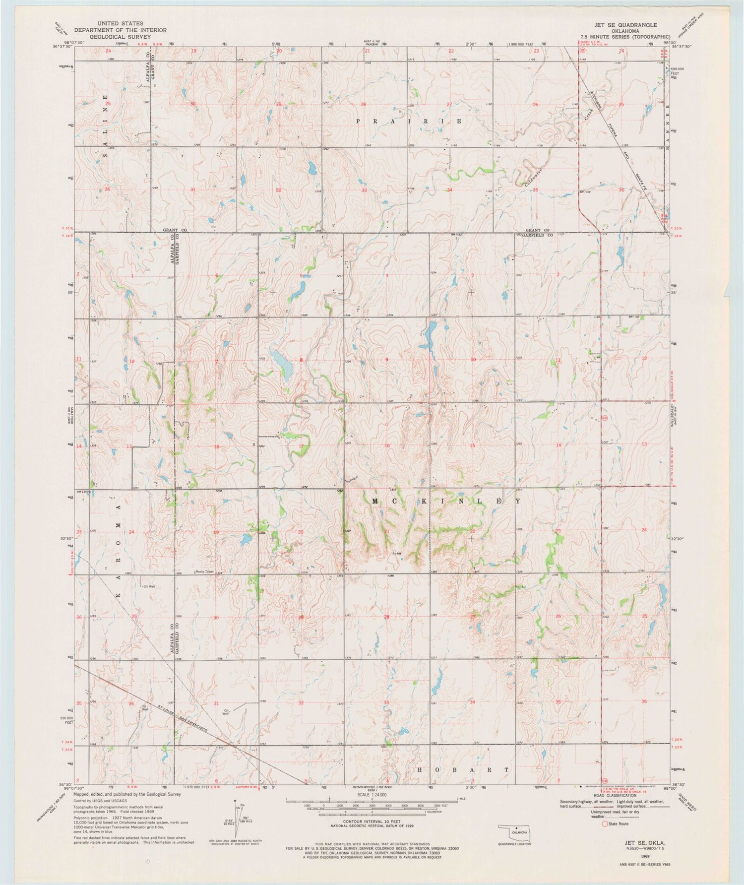 Classic USGS Jet SE Oklahoma 7.5'x7.5' Topo Map Image