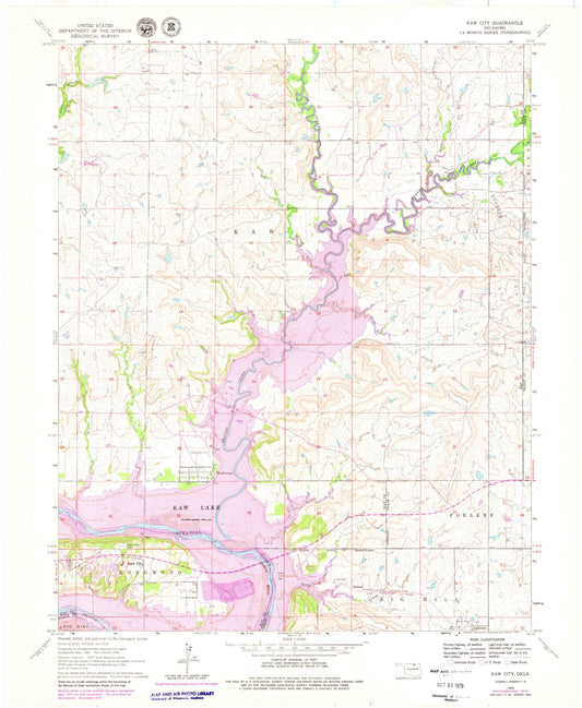Classic USGS Kaw City Oklahoma 7.5'x7.5' Topo Map Image