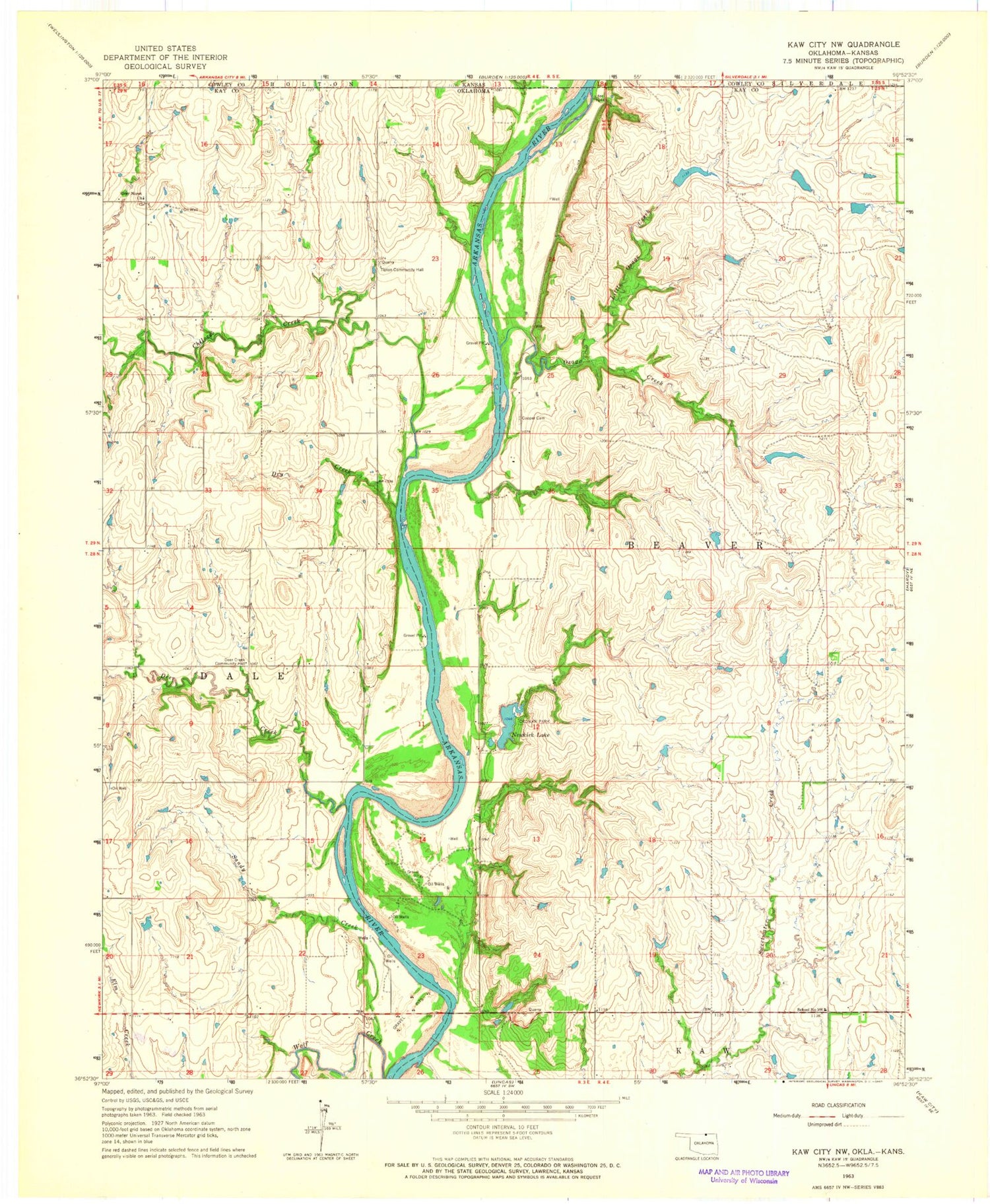 Classic USGS Kaw City NW Oklahoma 7.5'x7.5' Topo Map Image