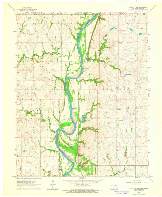 Classic USGS Kaw City NW Oklahoma 7.5'x7.5' Topo Map Image