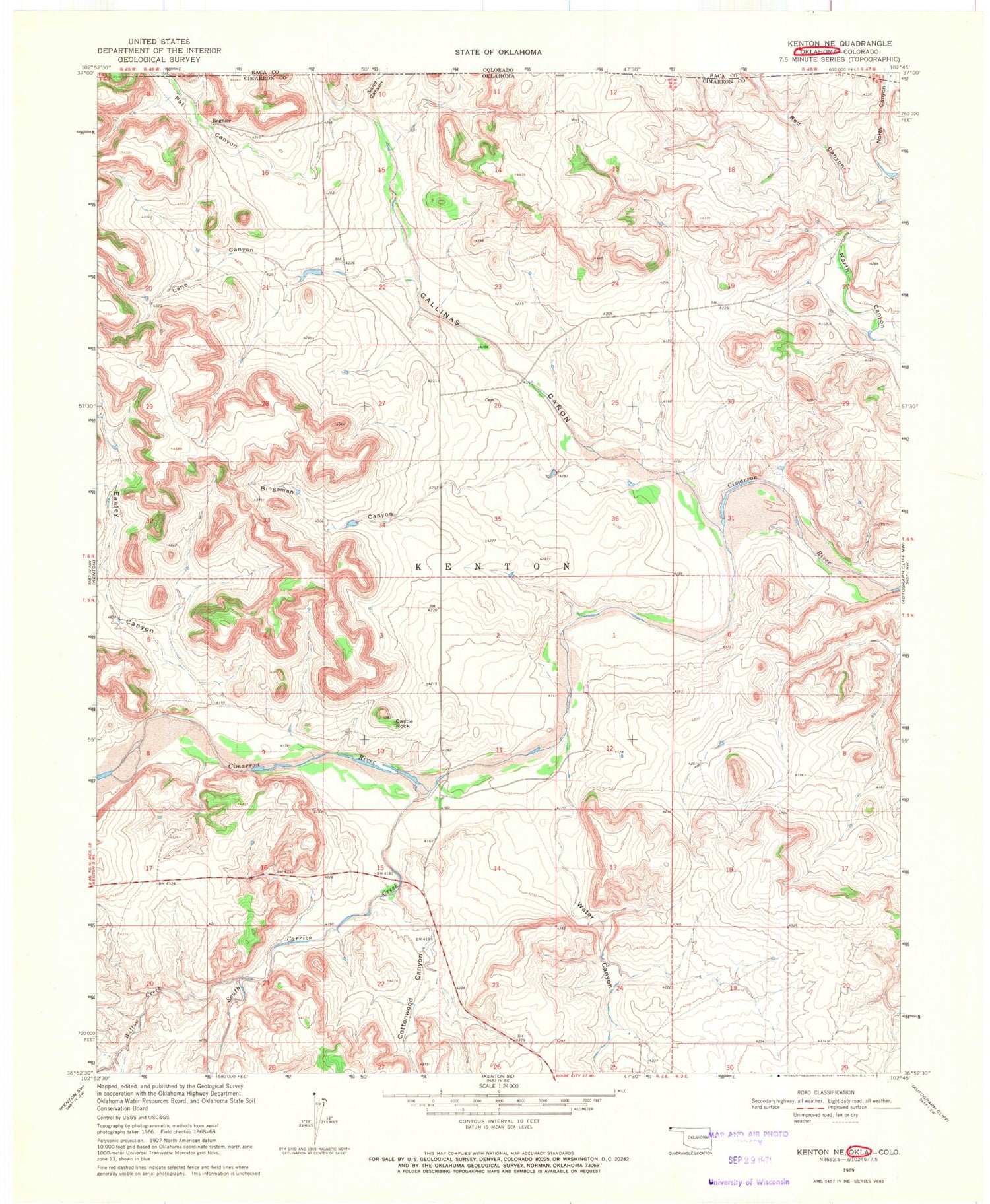 Classic USGS Kenton NE Oklahoma 7.5'x7.5' Topo Map Image