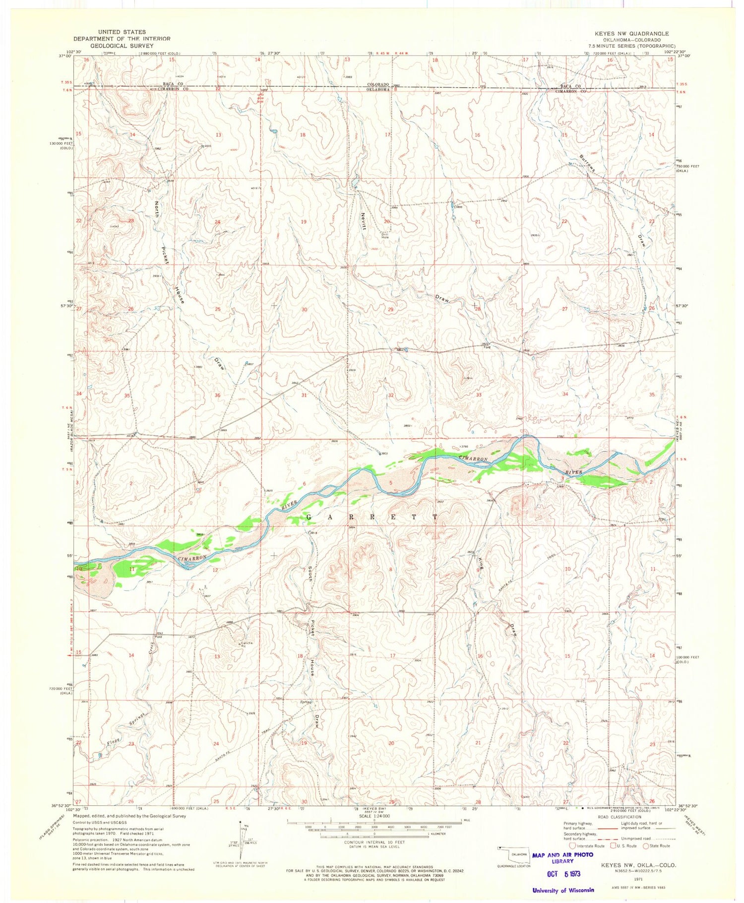 Classic USGS Keyes NW Oklahoma 7.5'x7.5' Topo Map Image