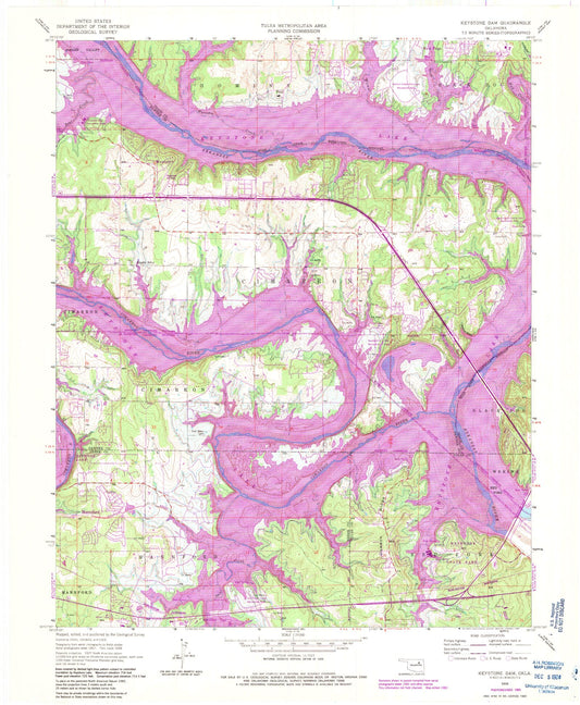 Classic USGS Keystone Dam Oklahoma 7.5'x7.5' Topo Map Image