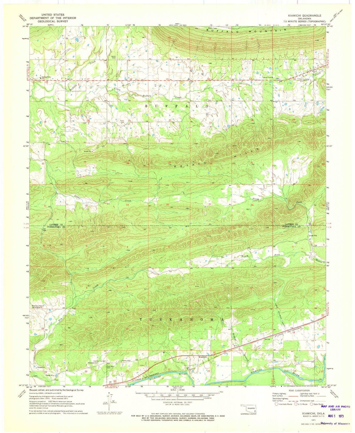 Classic USGS Kiamichi Oklahoma 7.5'x7.5' Topo Map Image