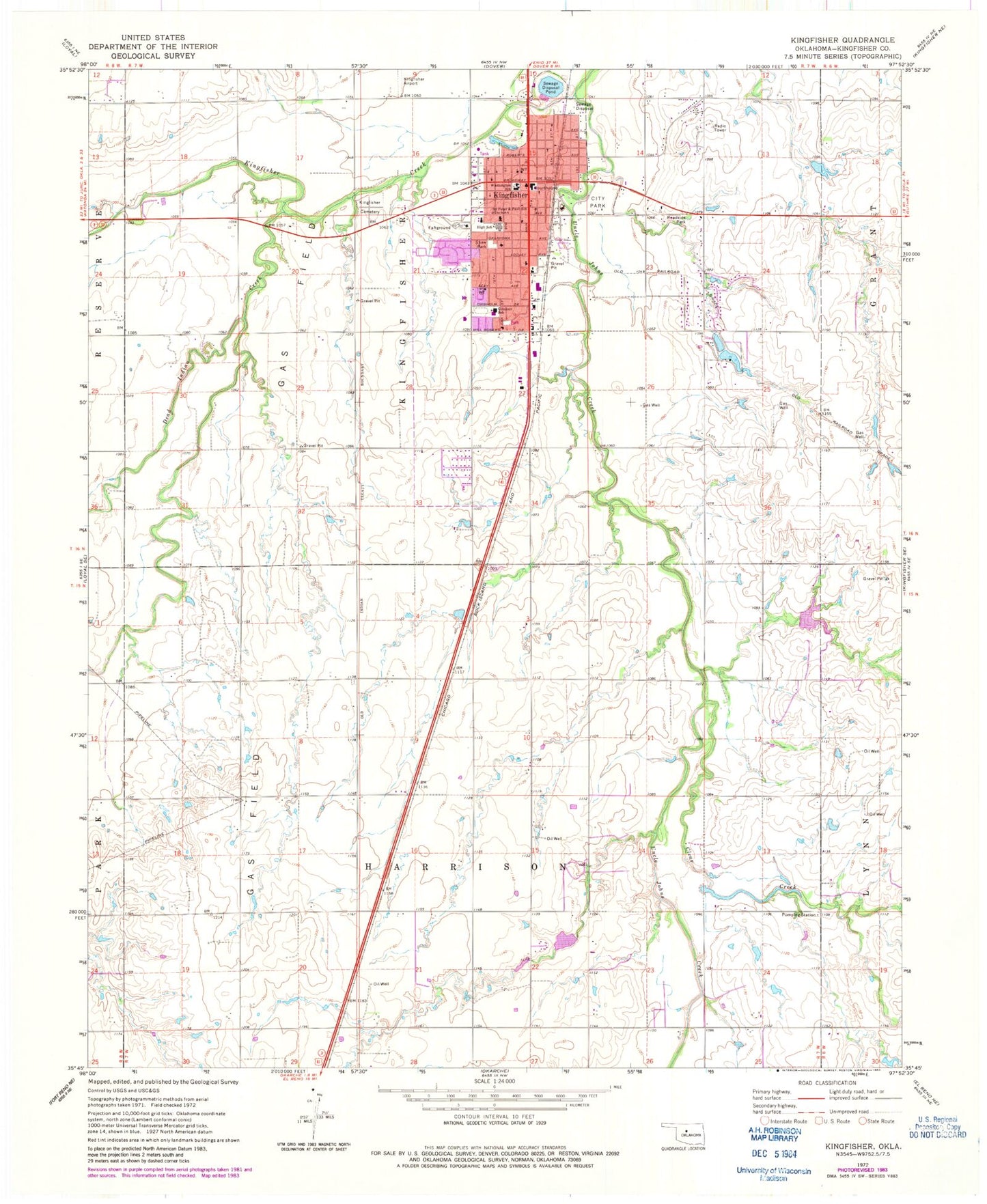 Classic USGS Kingfisher Oklahoma 7.5'x7.5' Topo Map Image