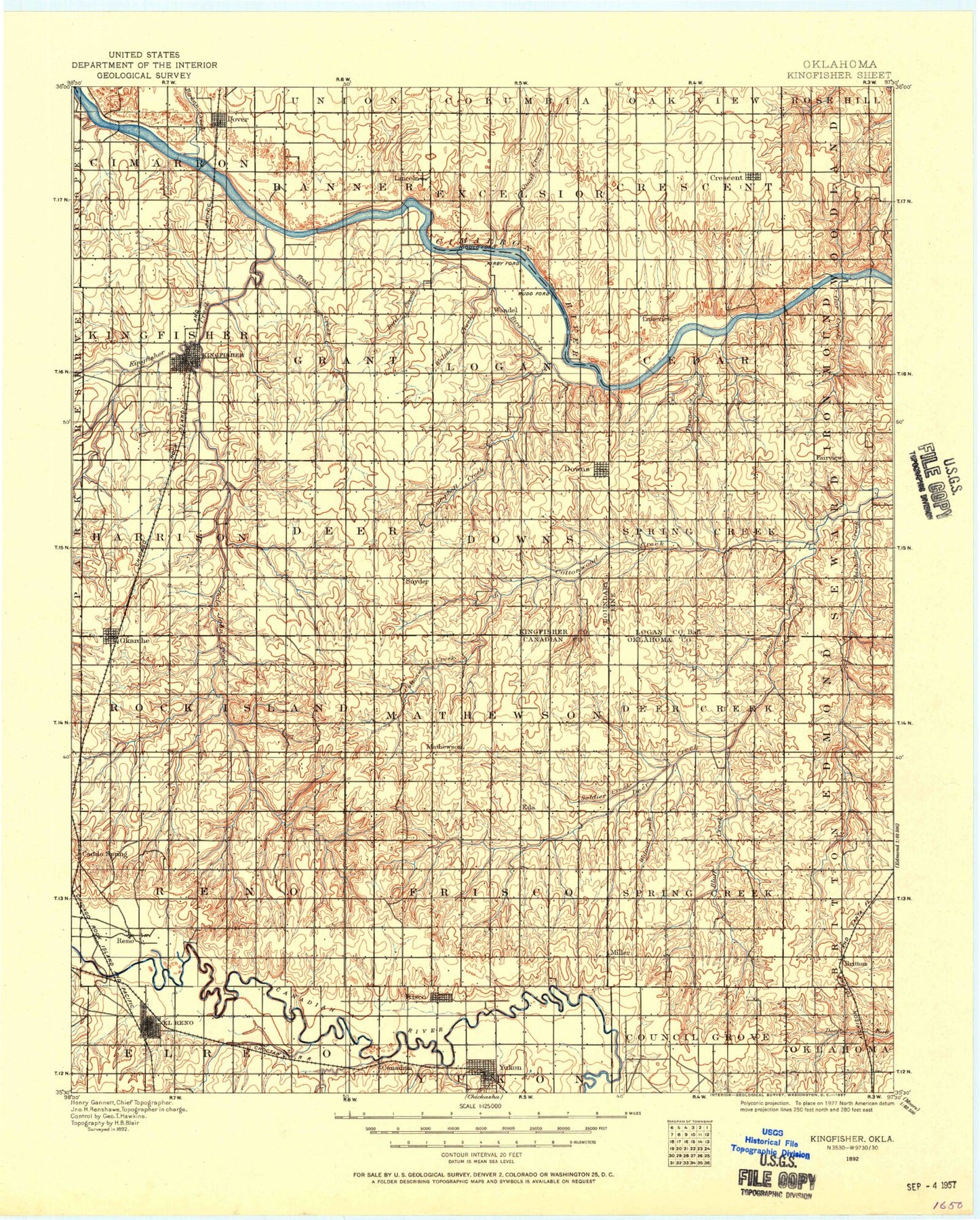 Historic 1892 Kingfisher Oklahoma 30'x30' Topo Map Image